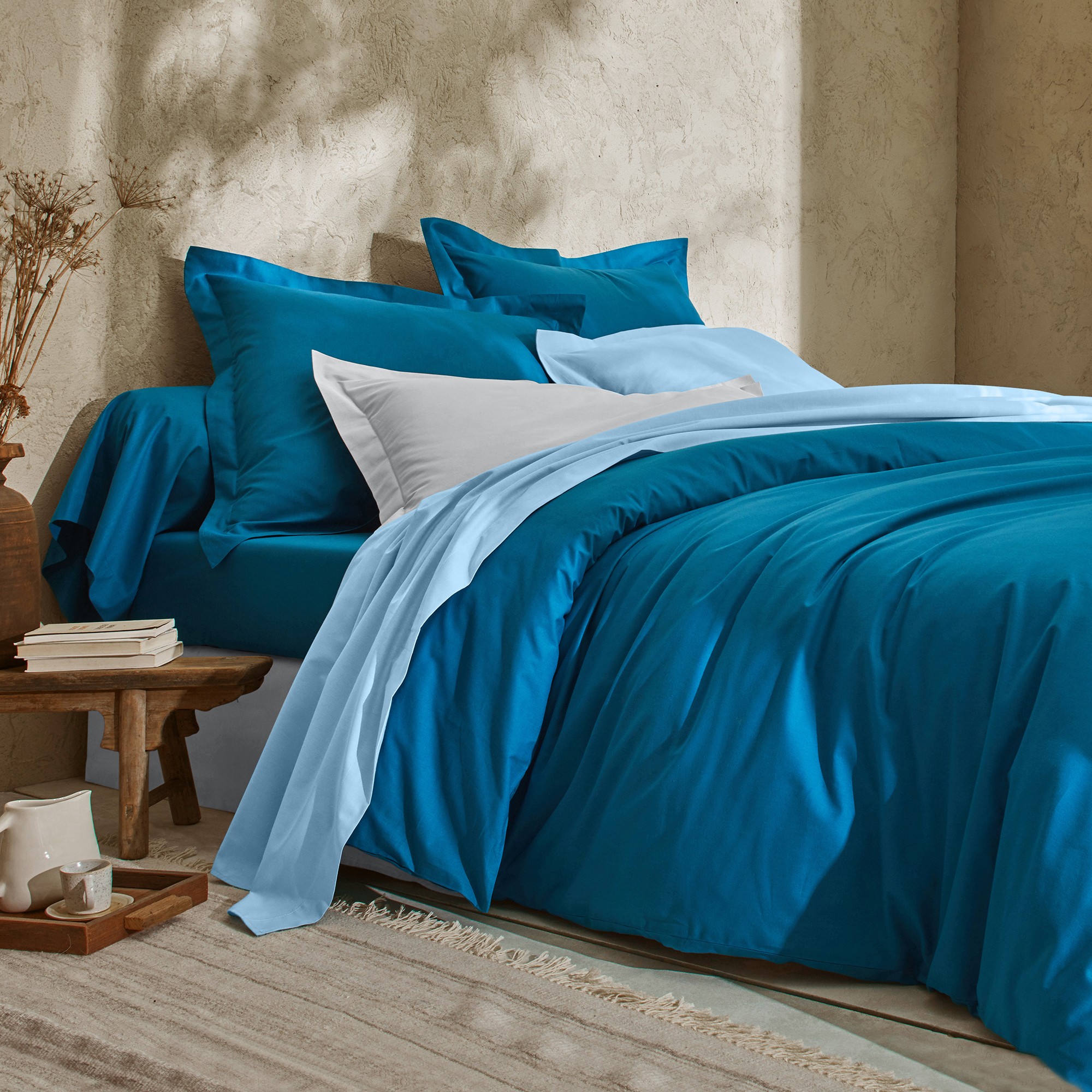 Linge de lit uni - coton bio(**) - Drap-housse 2 Personnesonnes : 140x190cm - Bleu - Colombine