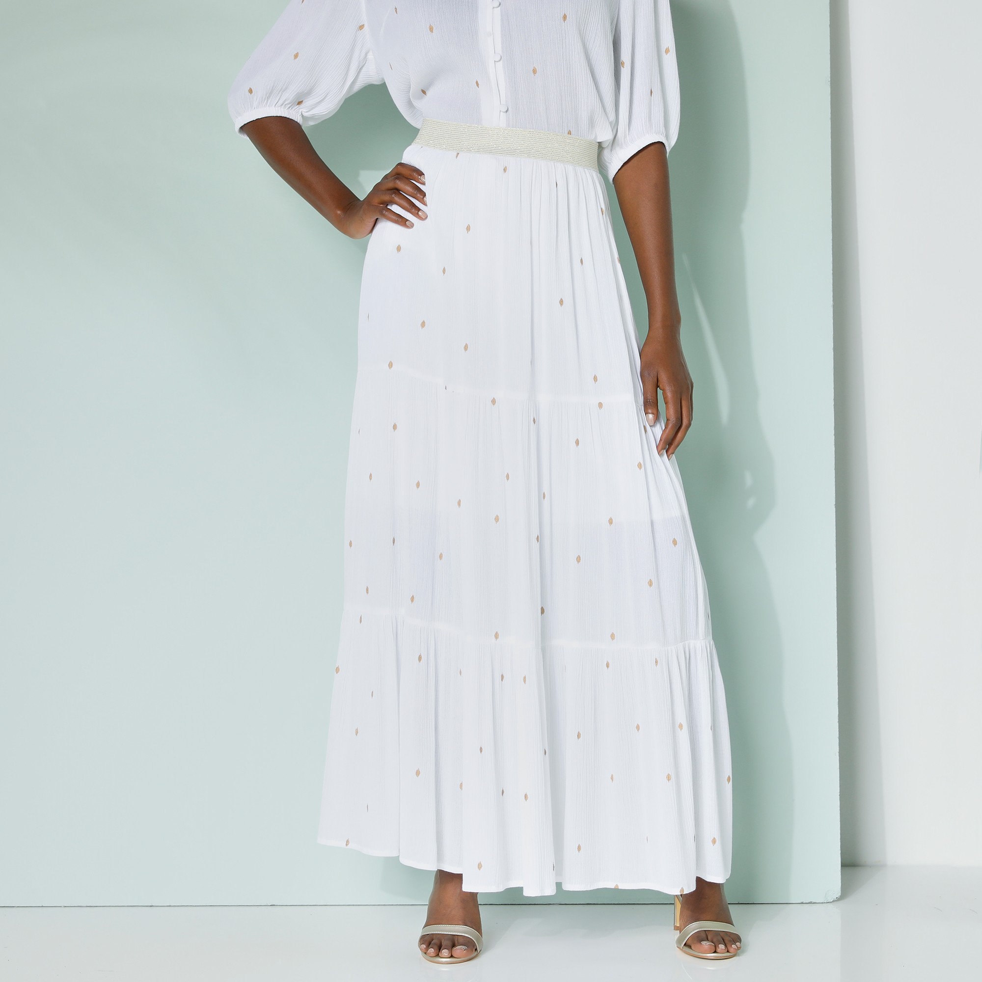 Jupon long volante imprime dore crepon blanc dore Blancheporte