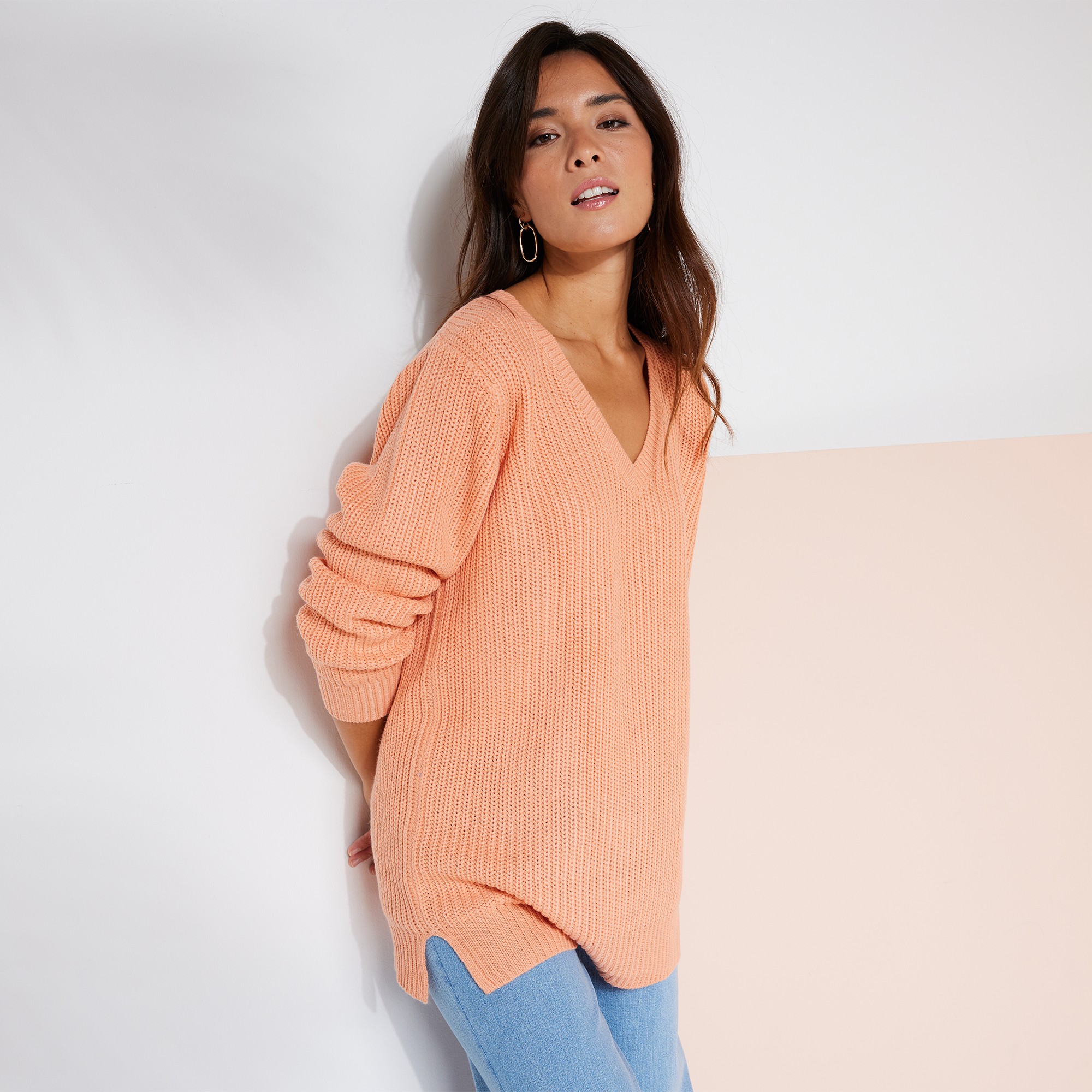 Pull Tunique Col V, Maille Anglaise - Blancheporte