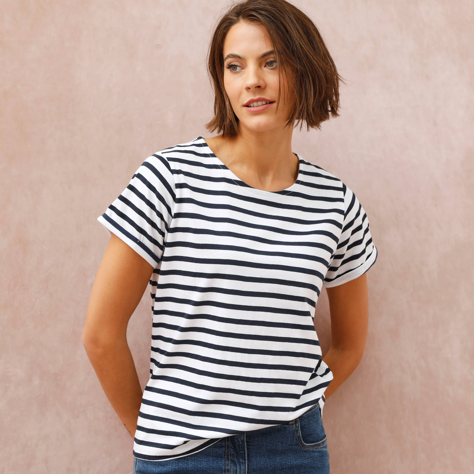 T-shirt rayé manches courtes à revers - Blancheporte