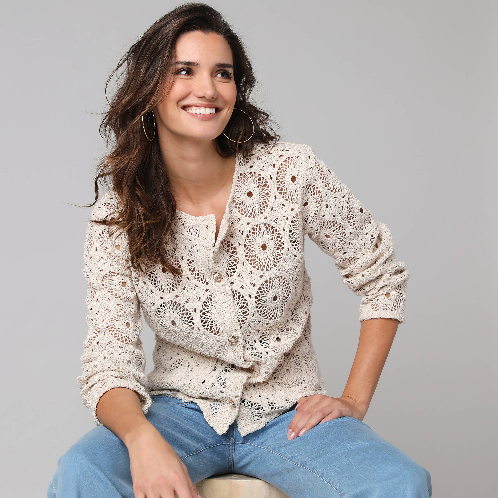 Veste boutonnée à poches, en macramé - Blancheporte