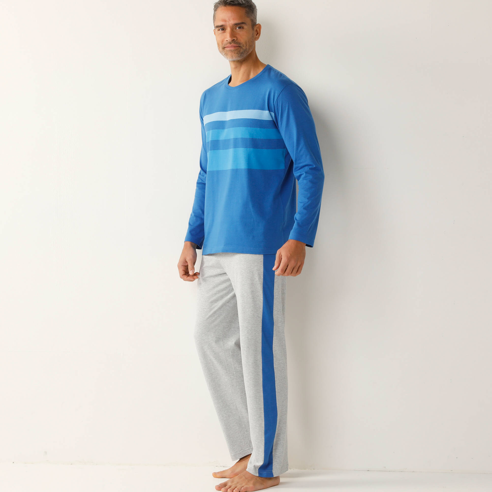 Pyjama coton rayures placées col rond - Blancheporte