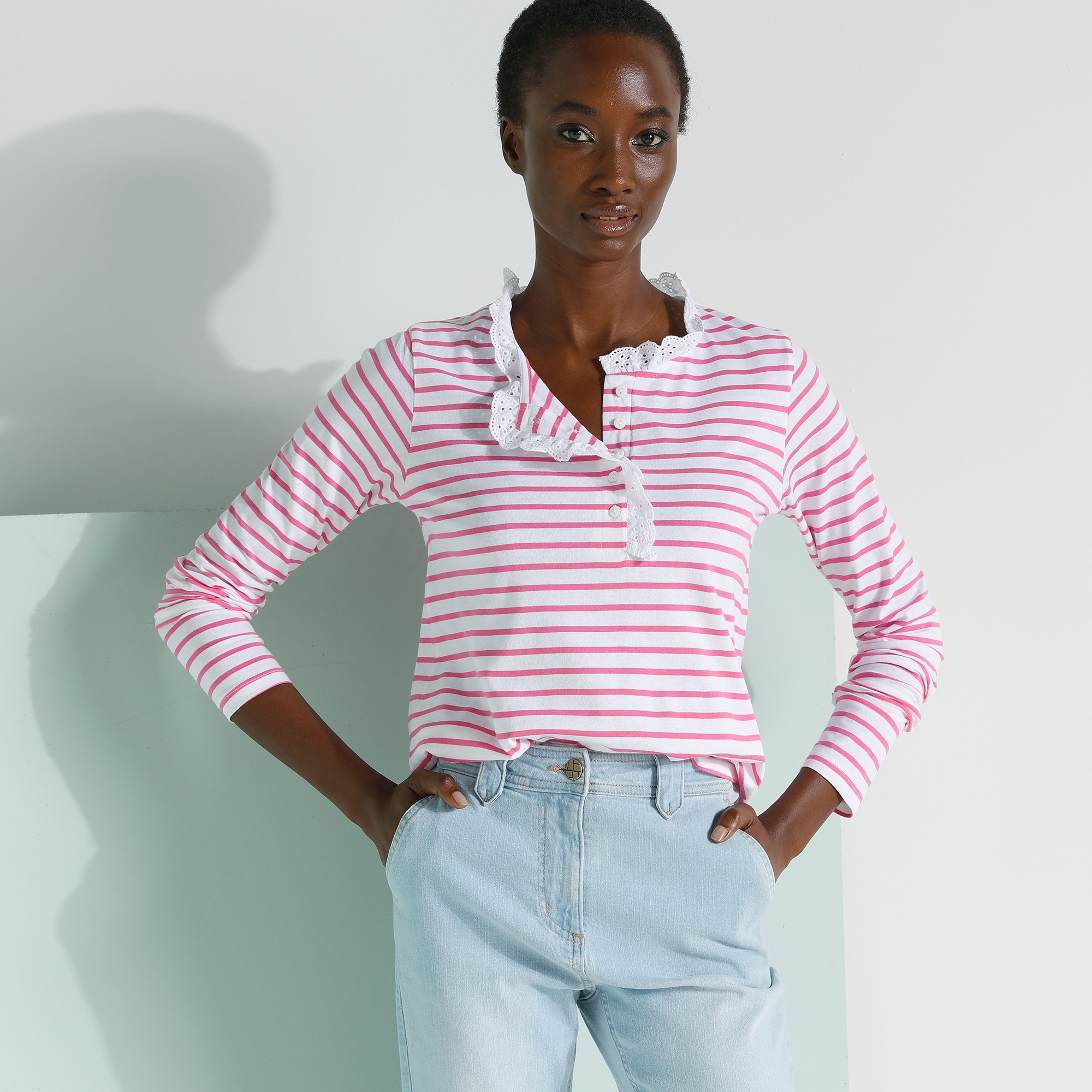 T-shirt Col Boutonné Broderie Anglaise Manches Longues, Coton Rayé - Blancheporte