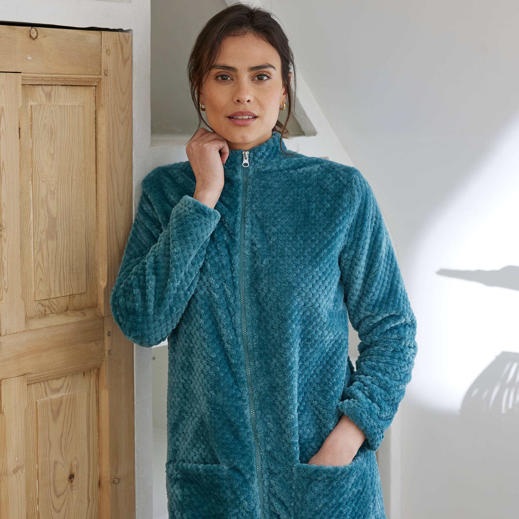 Robe de chambre zippee maille polaire texturee emeraude Blancheporte