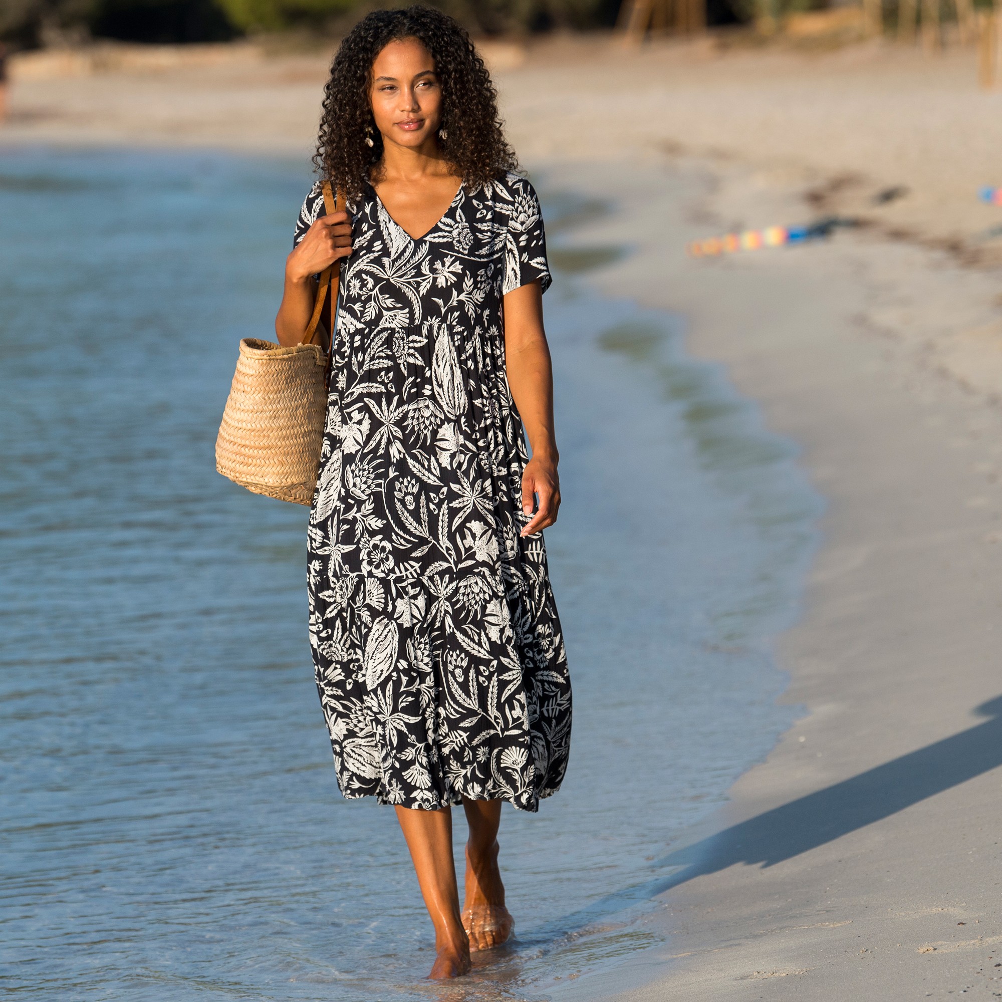 Robe Longue Imprimée Col V, Crépon - Blancheporte