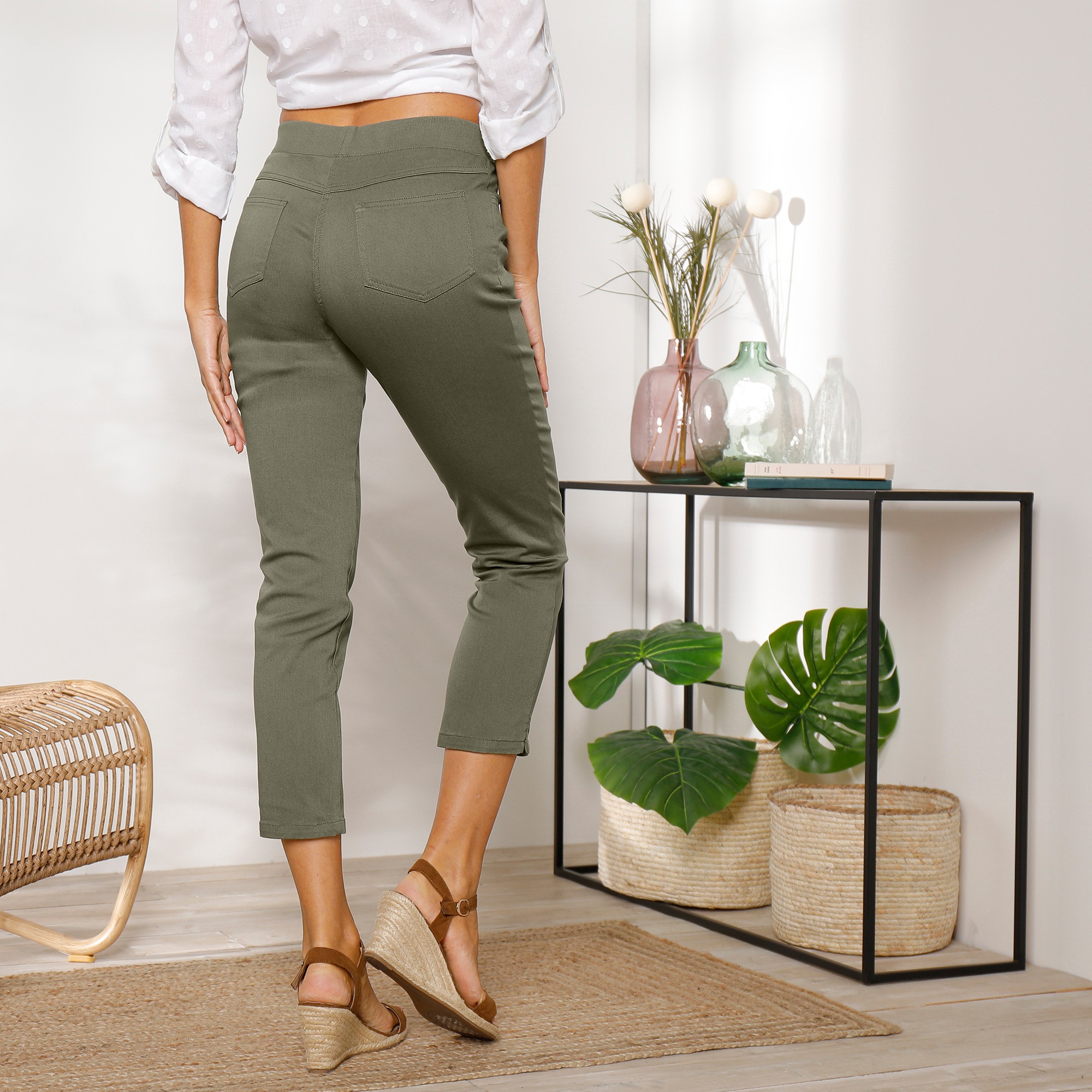 Pantacourt toile taille elastiquee kaki Blancheporte