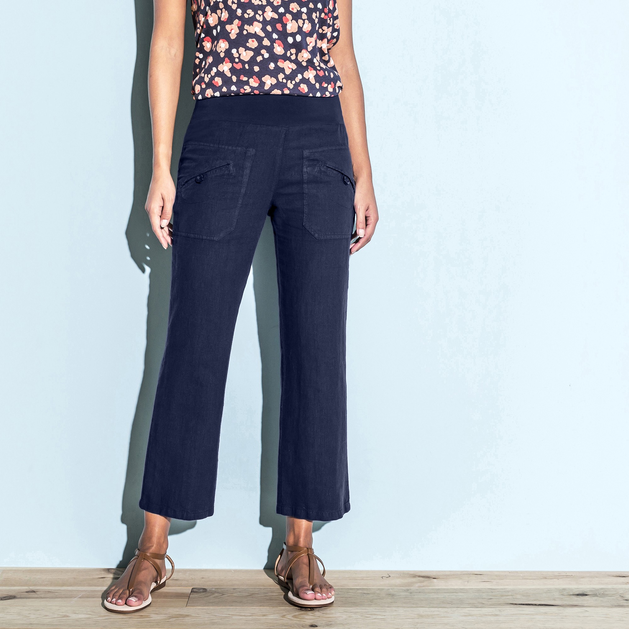 Pantalon Coupe Droite 7/8ème Taille Élastiquée, Lin Coton - Blancheporte