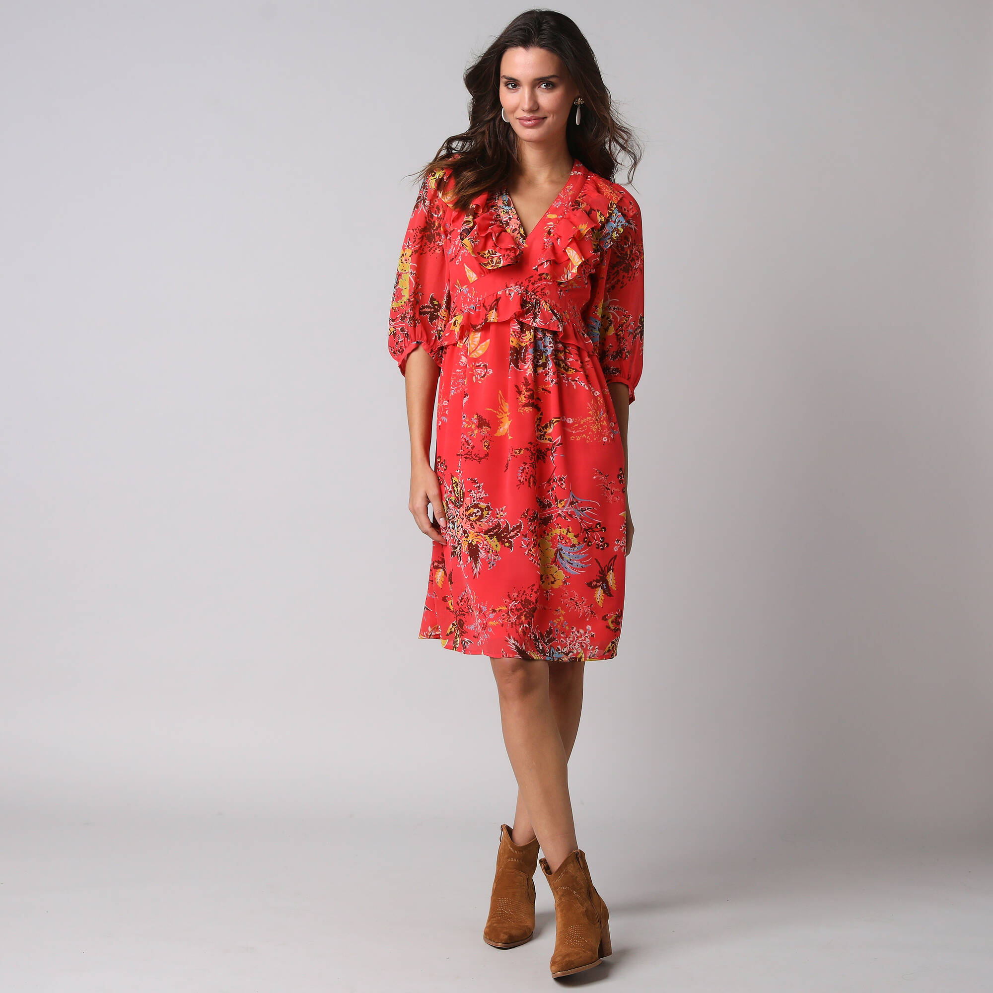 Robe courte volantée à manches 3/4 ballon, voile imprimé fleuri - Blancheporte