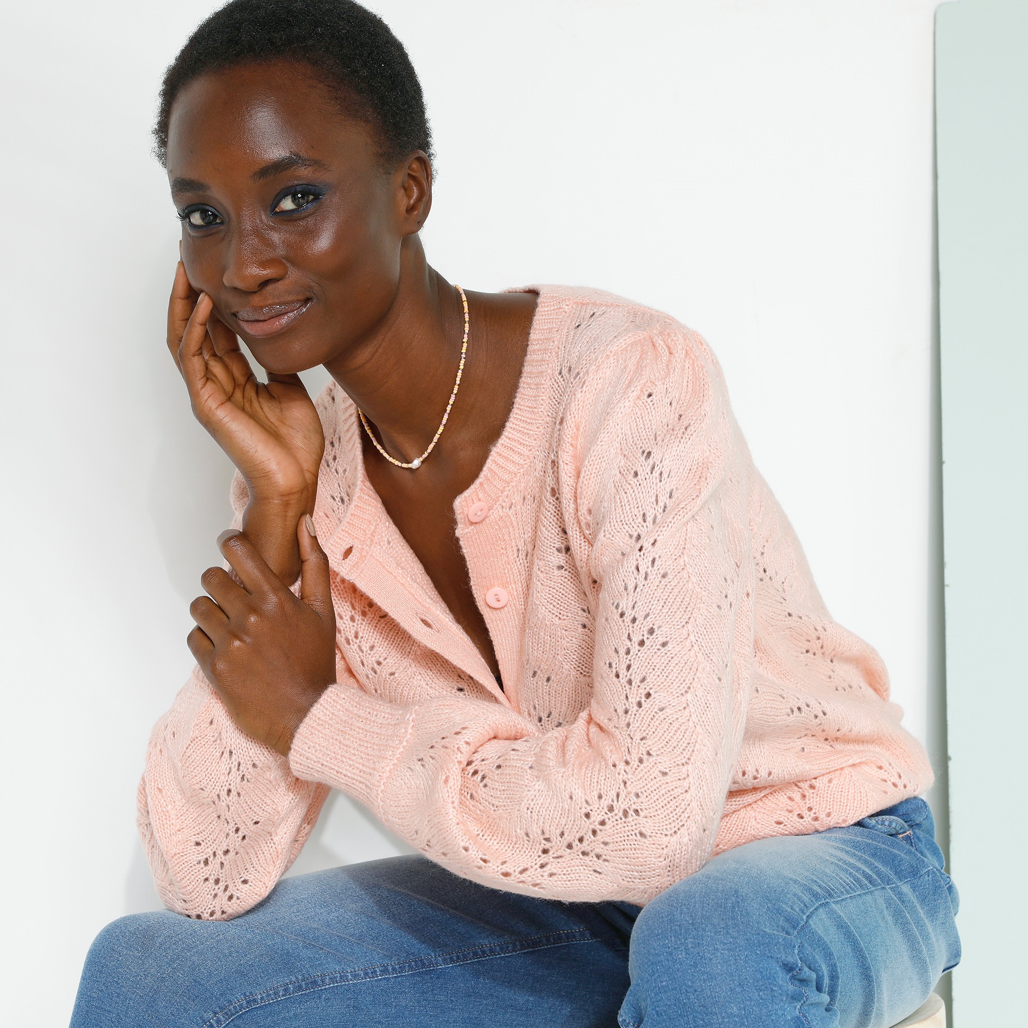 Cardigan Boutonné Manches Blousantes, Maille Ajourée Toucher Mohair - Blancheporte