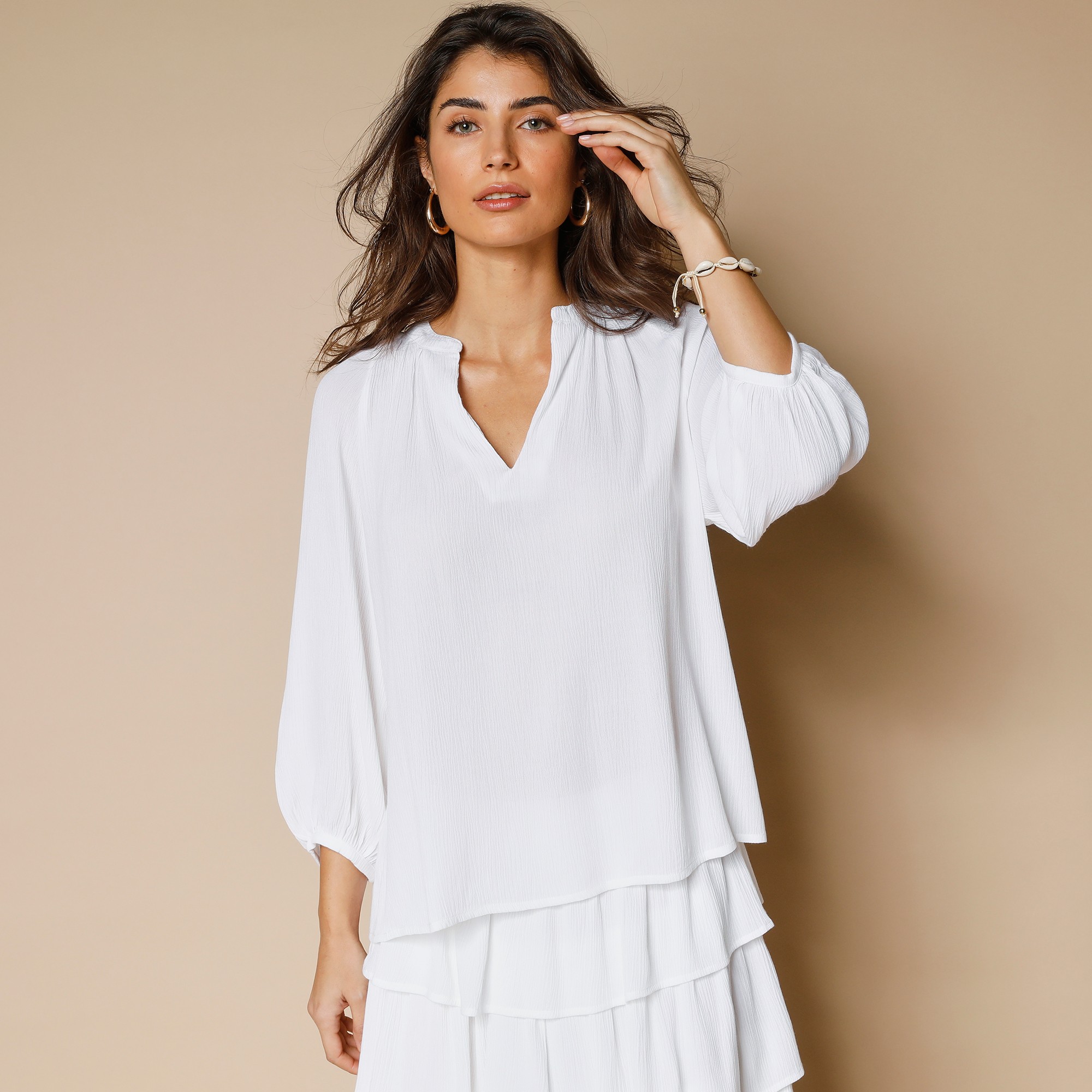 Blouse col tunisien, crépon uni - 54 - Blanc - Lora Zellini