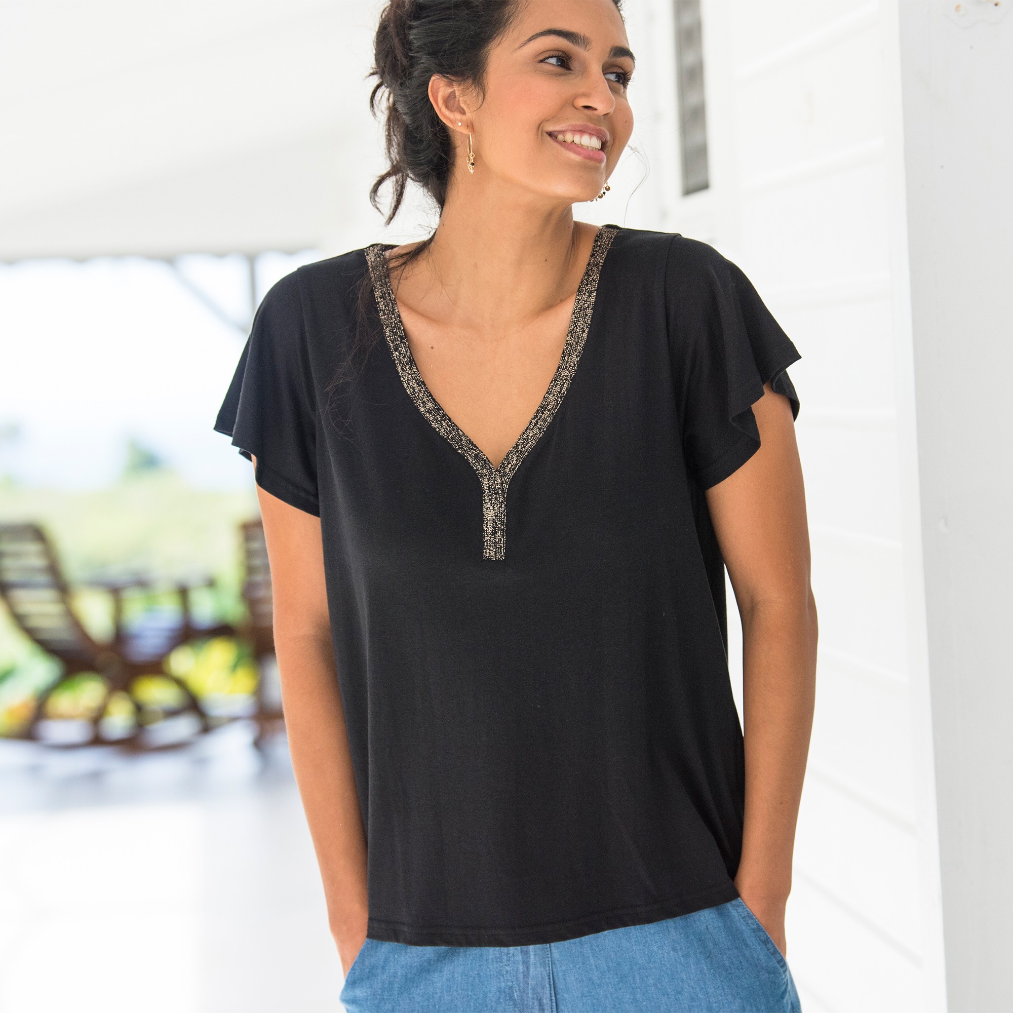 T-shirt Col V Doré Maille Unie - Blancheporte