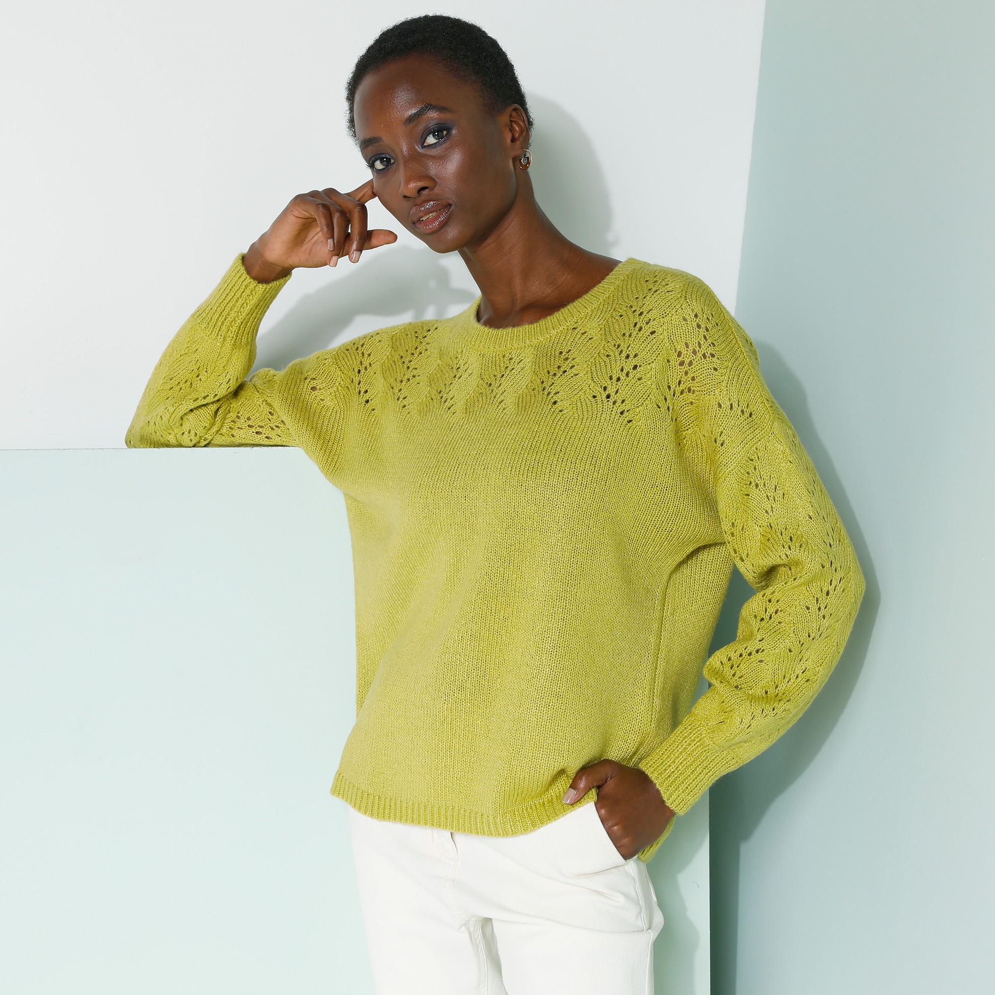 Pull Manches Longues Blousantes, Maille Ajourée Toucher Mohair - Blancheporte