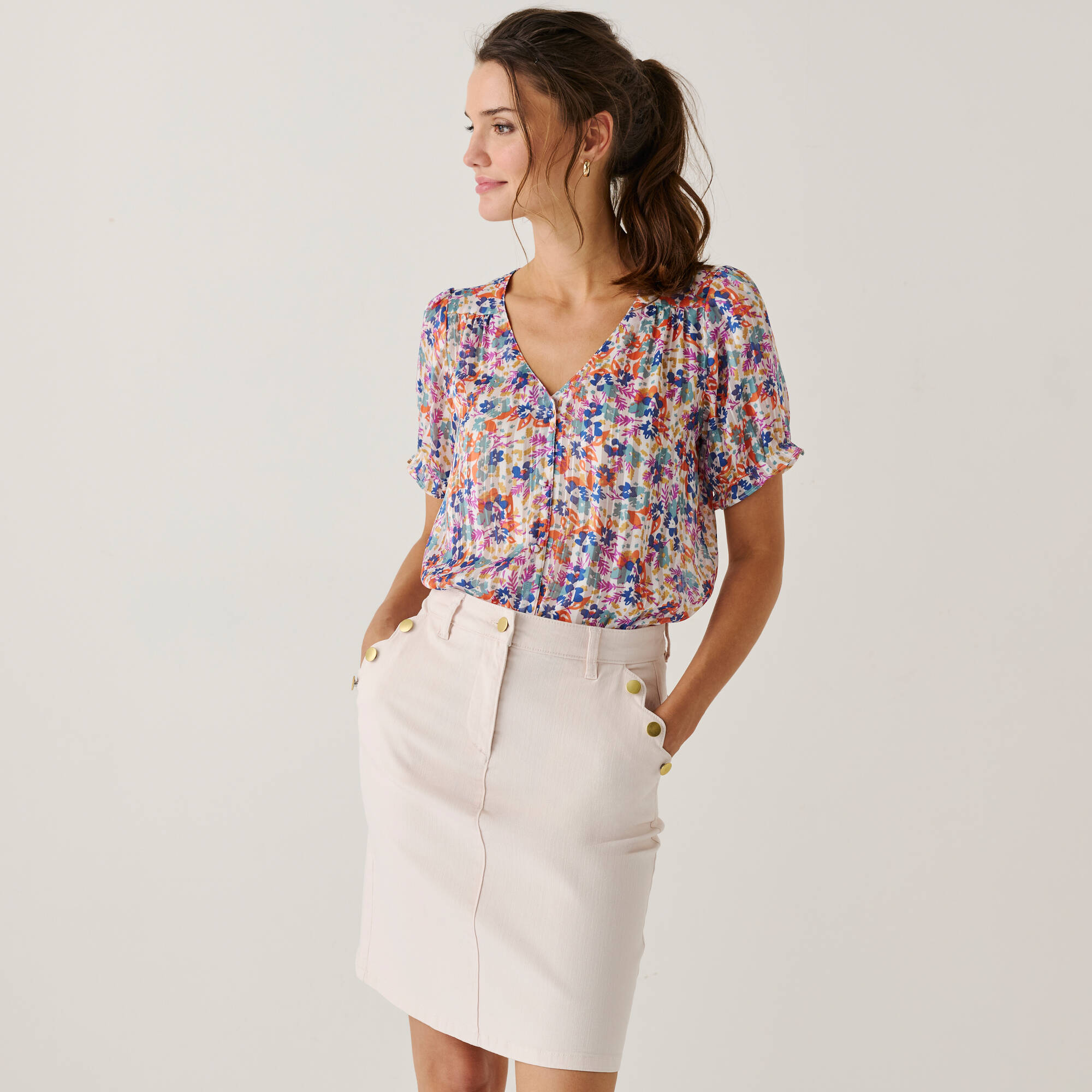 Chemisier boutonn manches blousantes imprim voile jacquard - Blancheporte 15 €