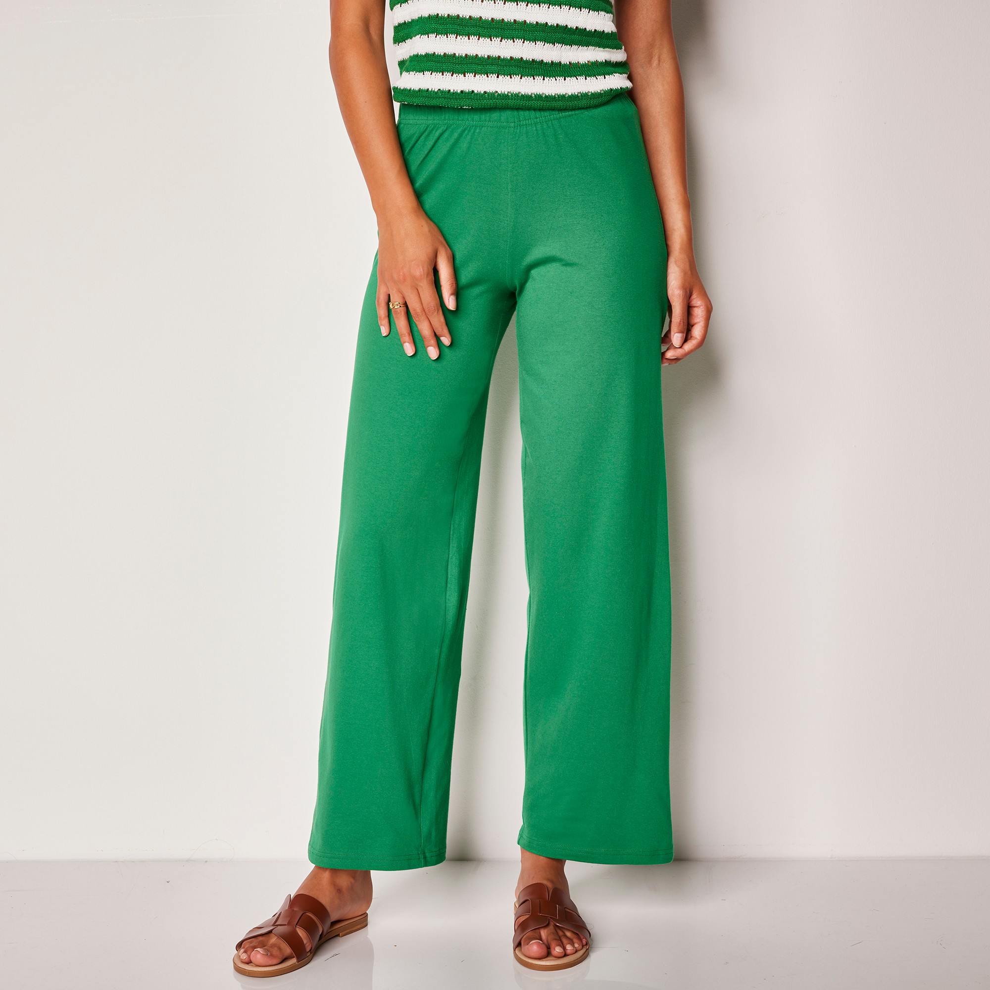 Pantalon large stretch, taille élastiquée - 52 - Vert - Lora Zellini