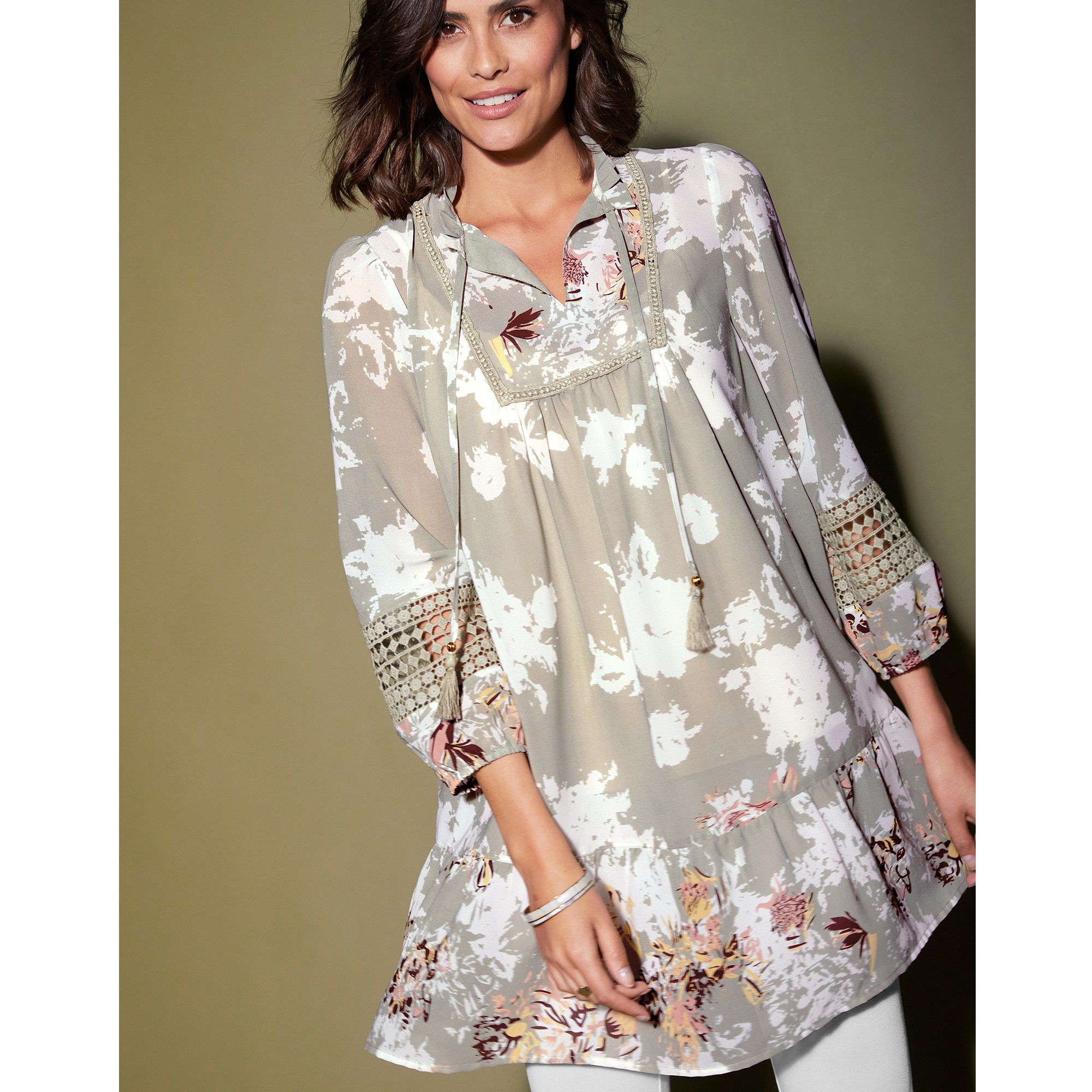 Tunique imprimée volantée manches 3/4 - 58 - Kaki - Lora Zellini