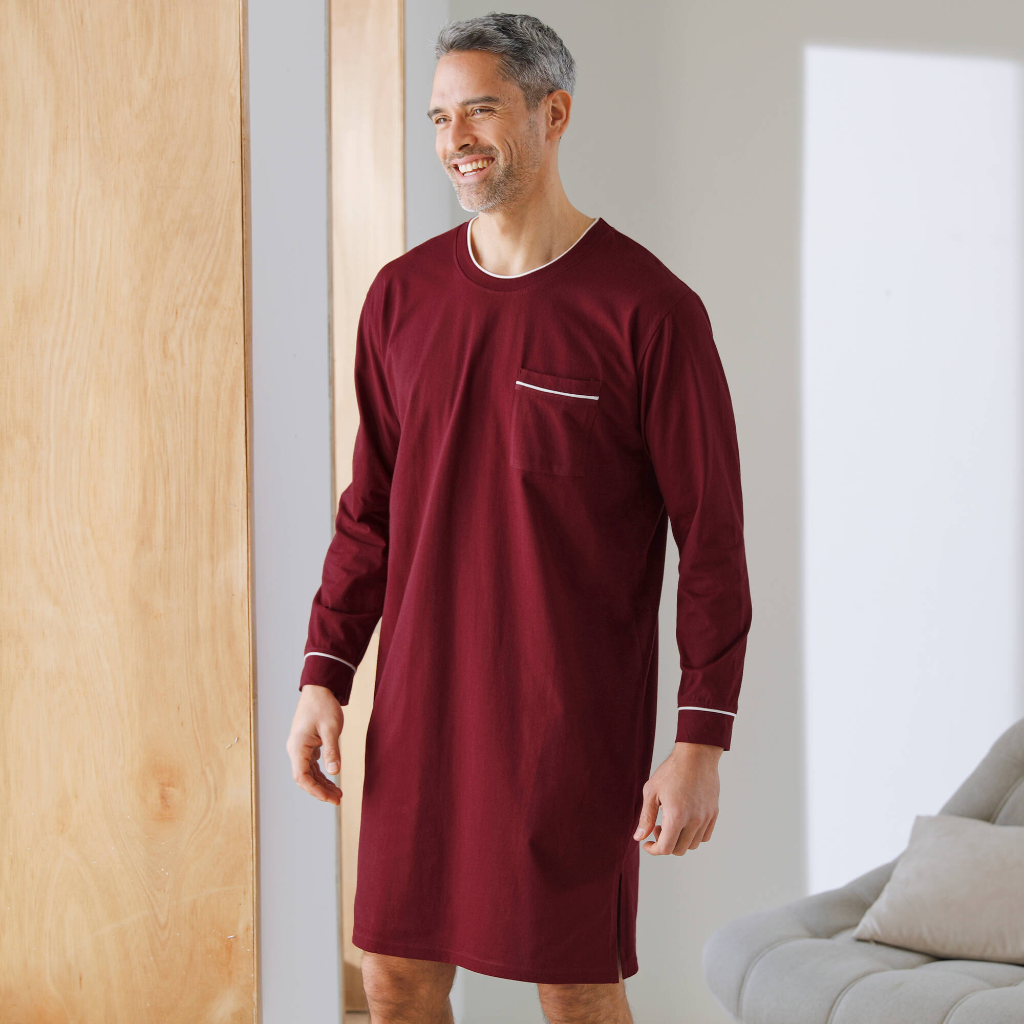 Chemise de nuit coton passepoils contrastés - Blancheporte