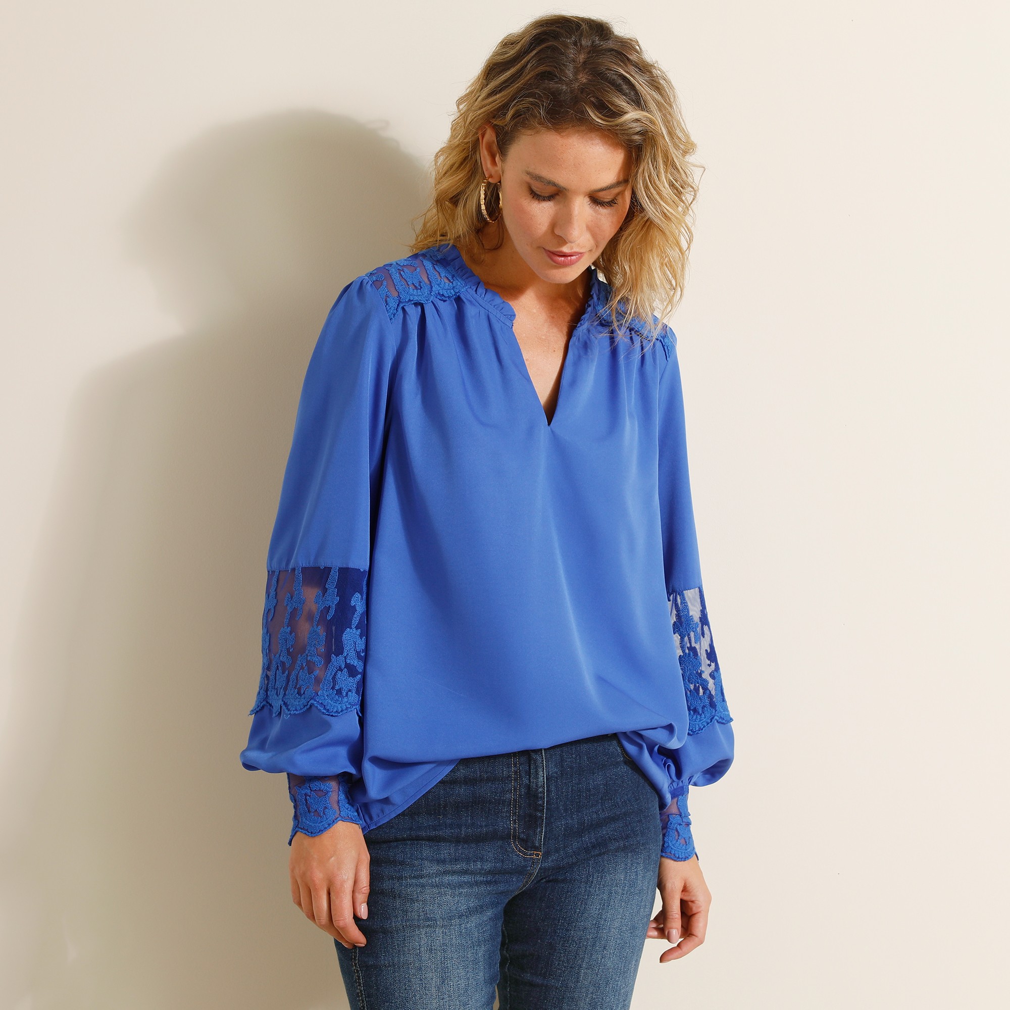 Blouse Dentelle Manches Longues Blousantes - Blancheporte