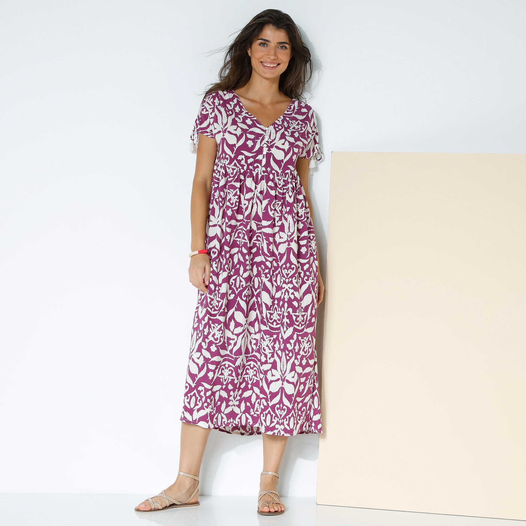 Robe Longue Manches Courtes, Imprimé Ethnique Bicolore - Blancheporte