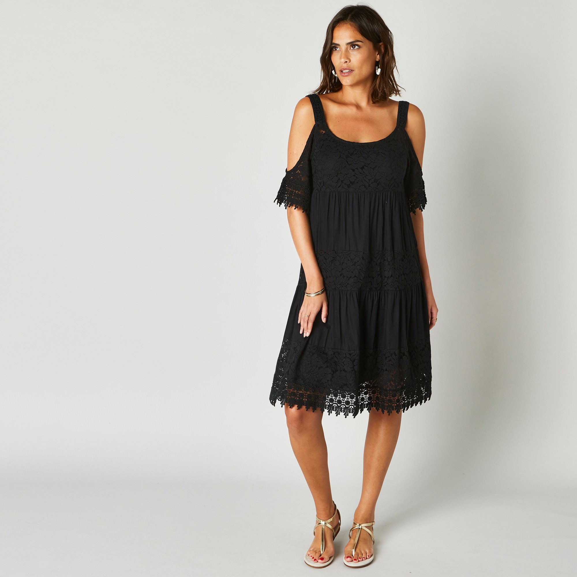 Robe dentelle macramé épaules dénudées - 54 - Noir - Lora Zellini