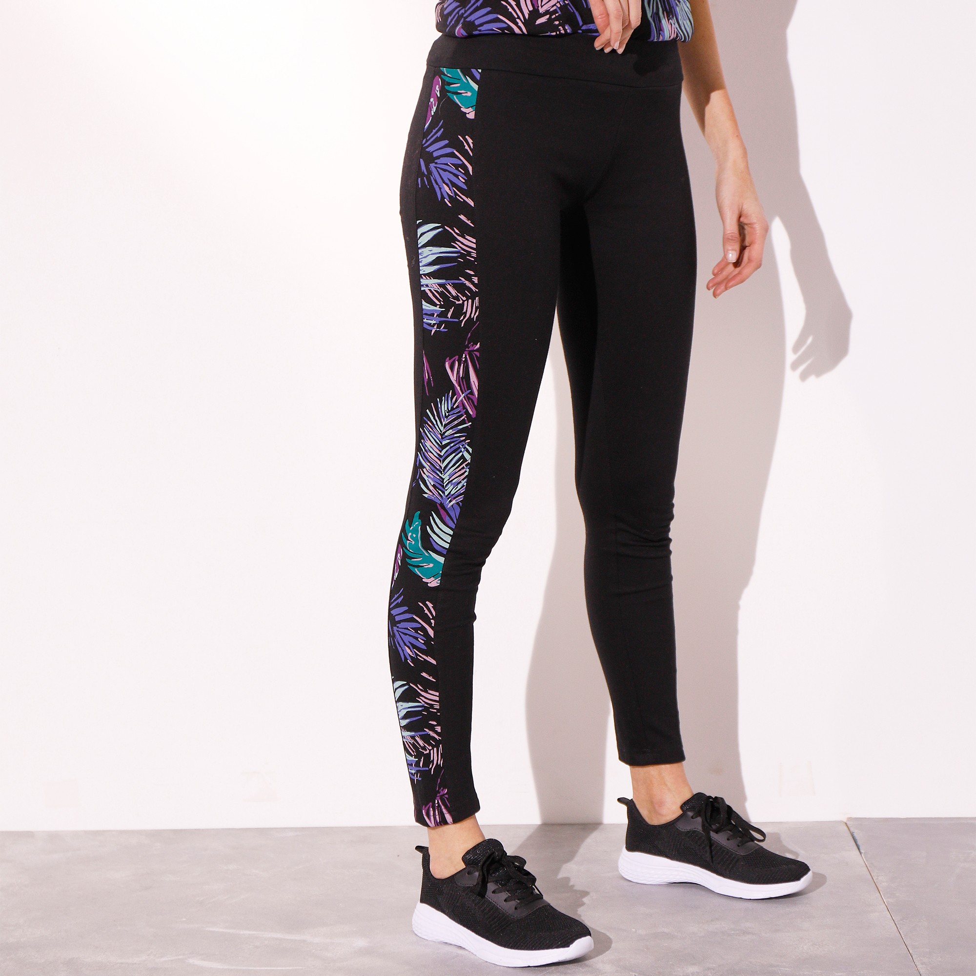 Legging bande imprim e en coton stretch noir violine