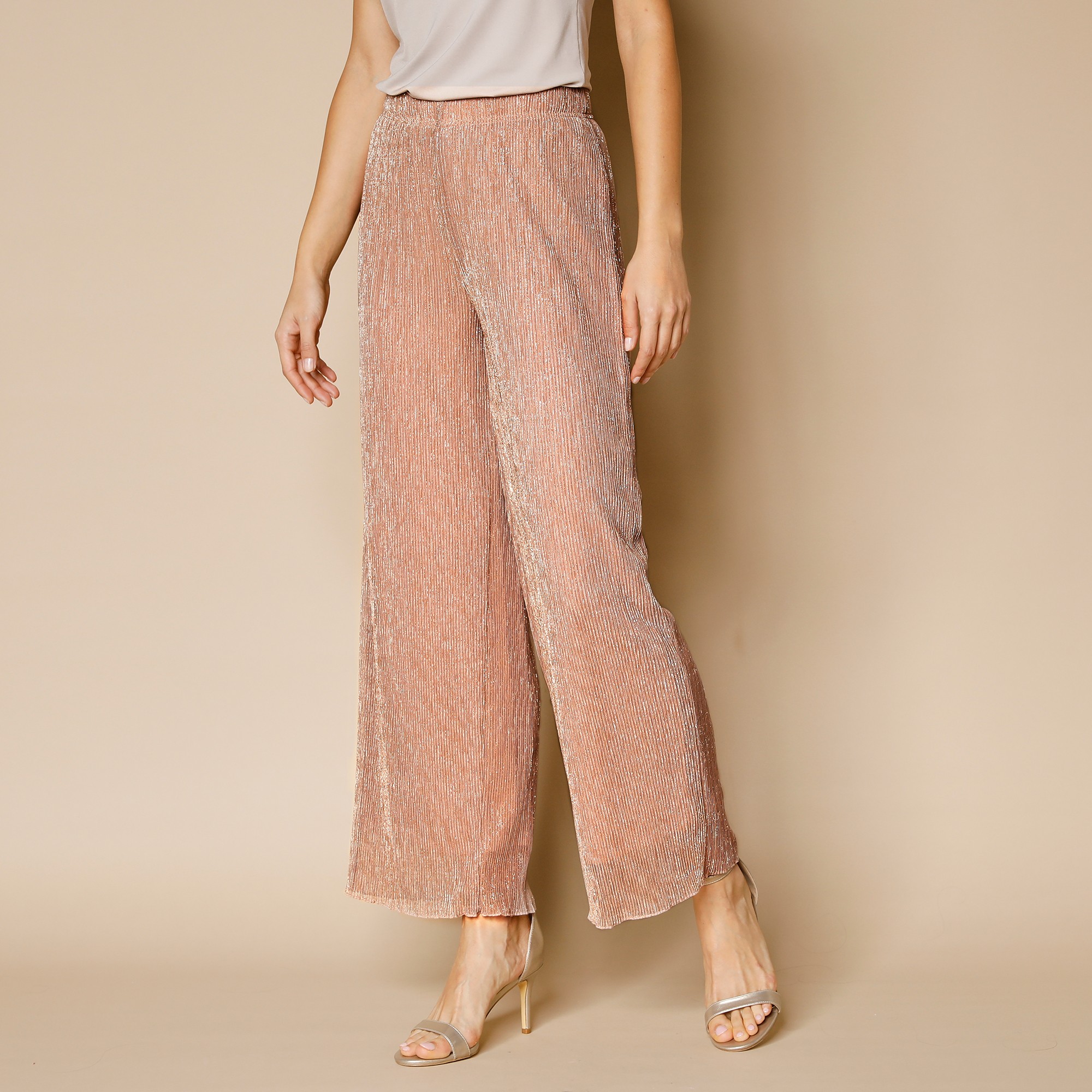 Pantalon large en maille plissée irisée - 52 - Beige - Lora Zellini