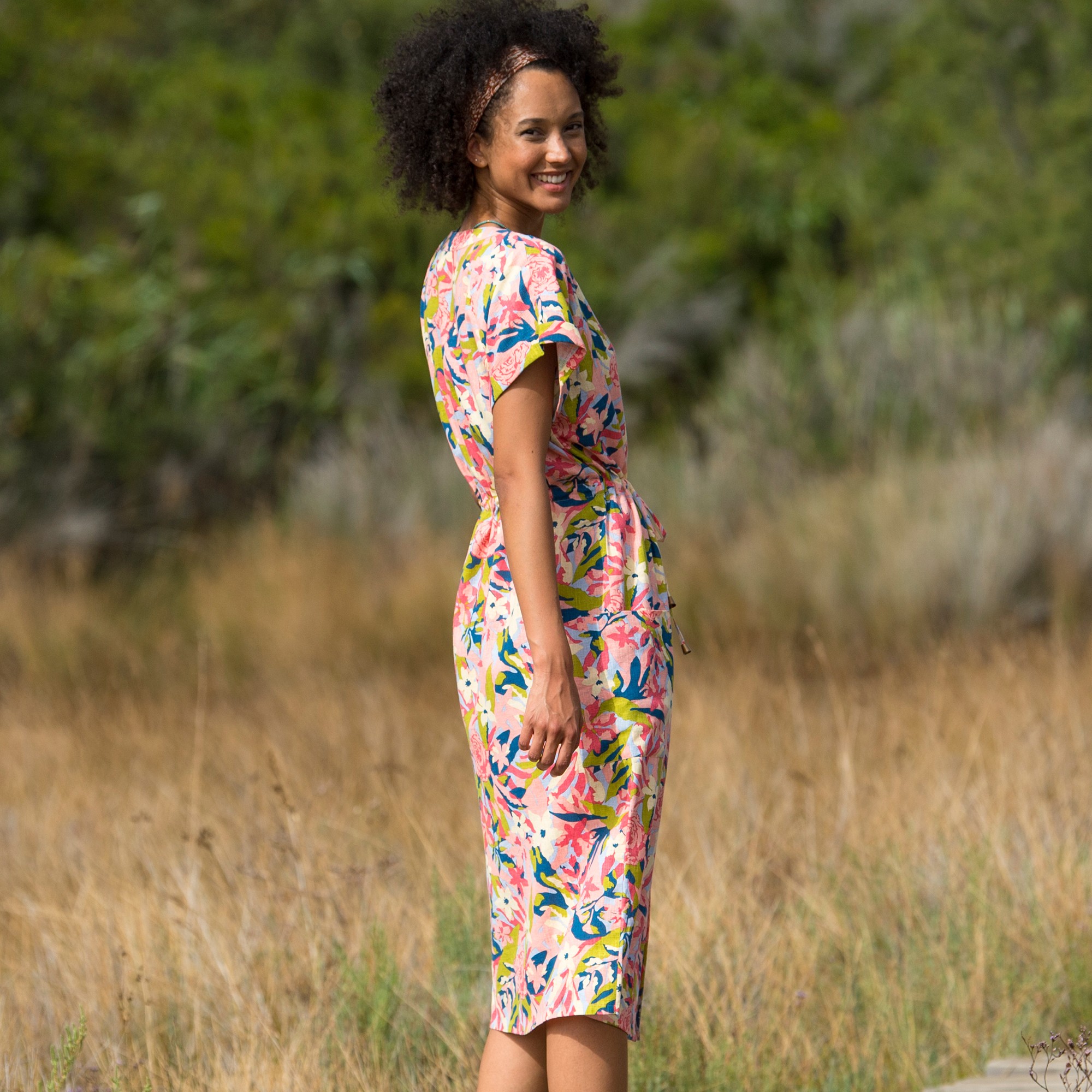 Robe midi boutonnee imprimee coton lin peche vert Blancheporte