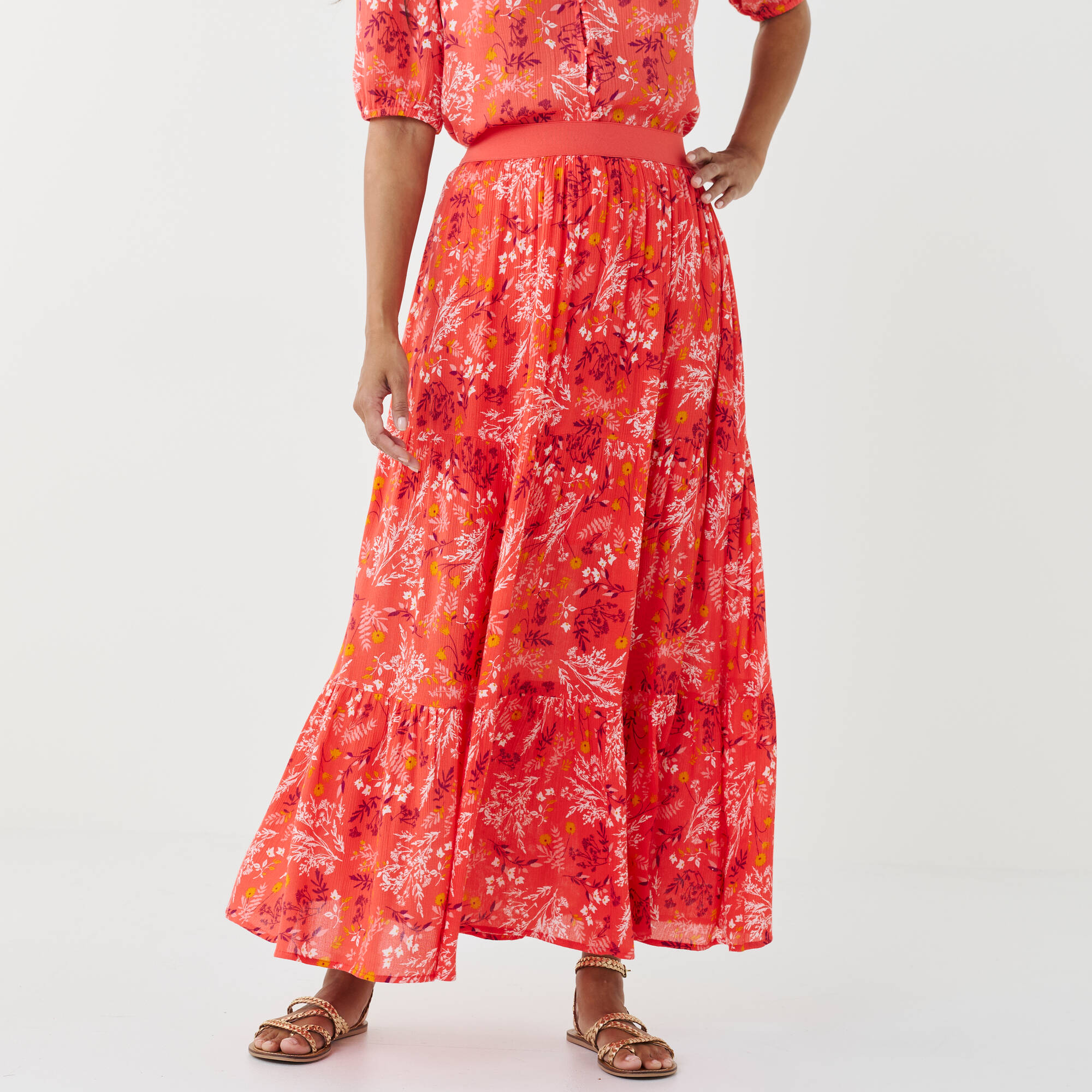 Jupe longue volantée imprimé fleuri, crépon - Blancheporte