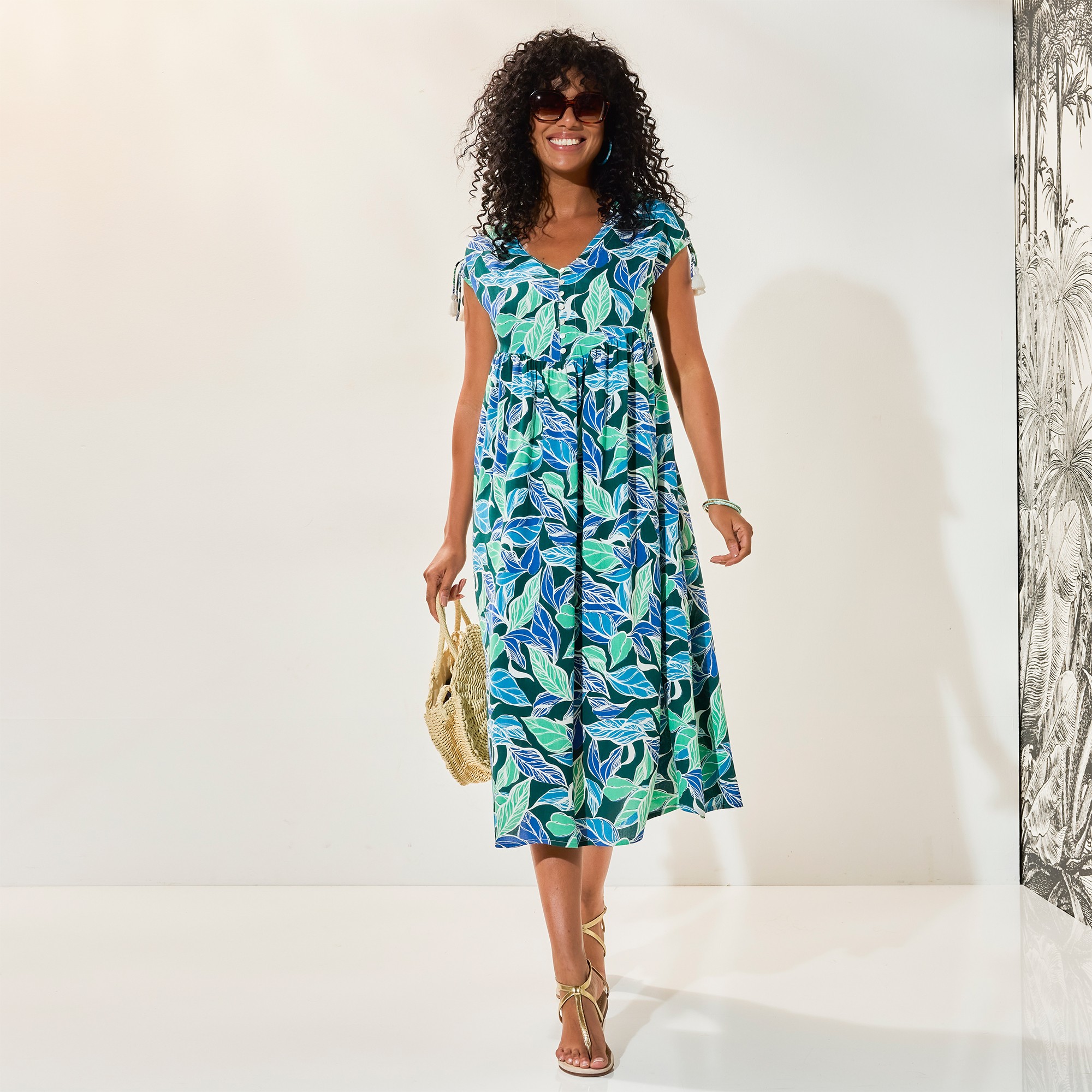 Robe Longue Manches Courtes, Imprimé Feuilles - Blancheporte