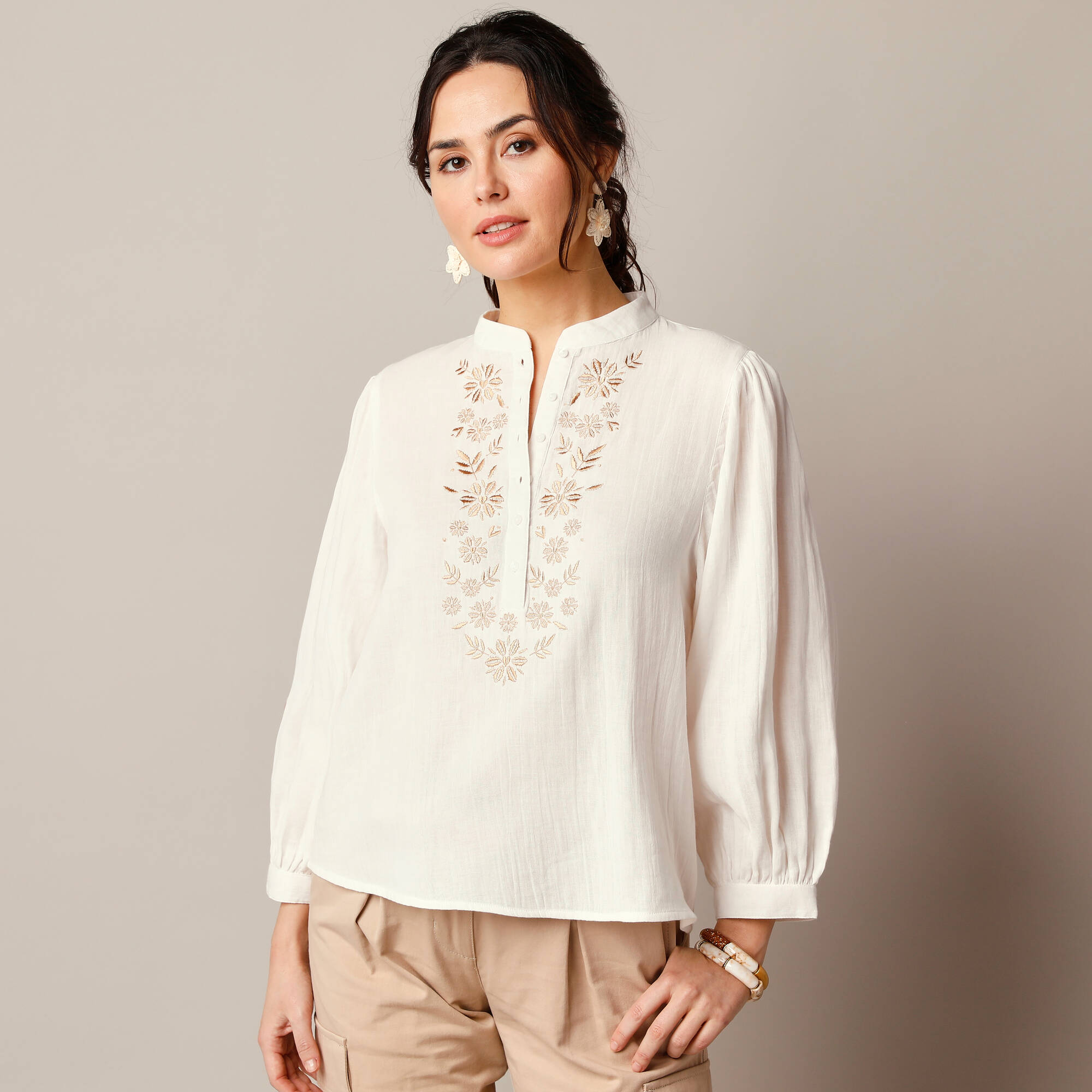 Blouse brodée, double gaze de coton, écru beige Blancheporte
