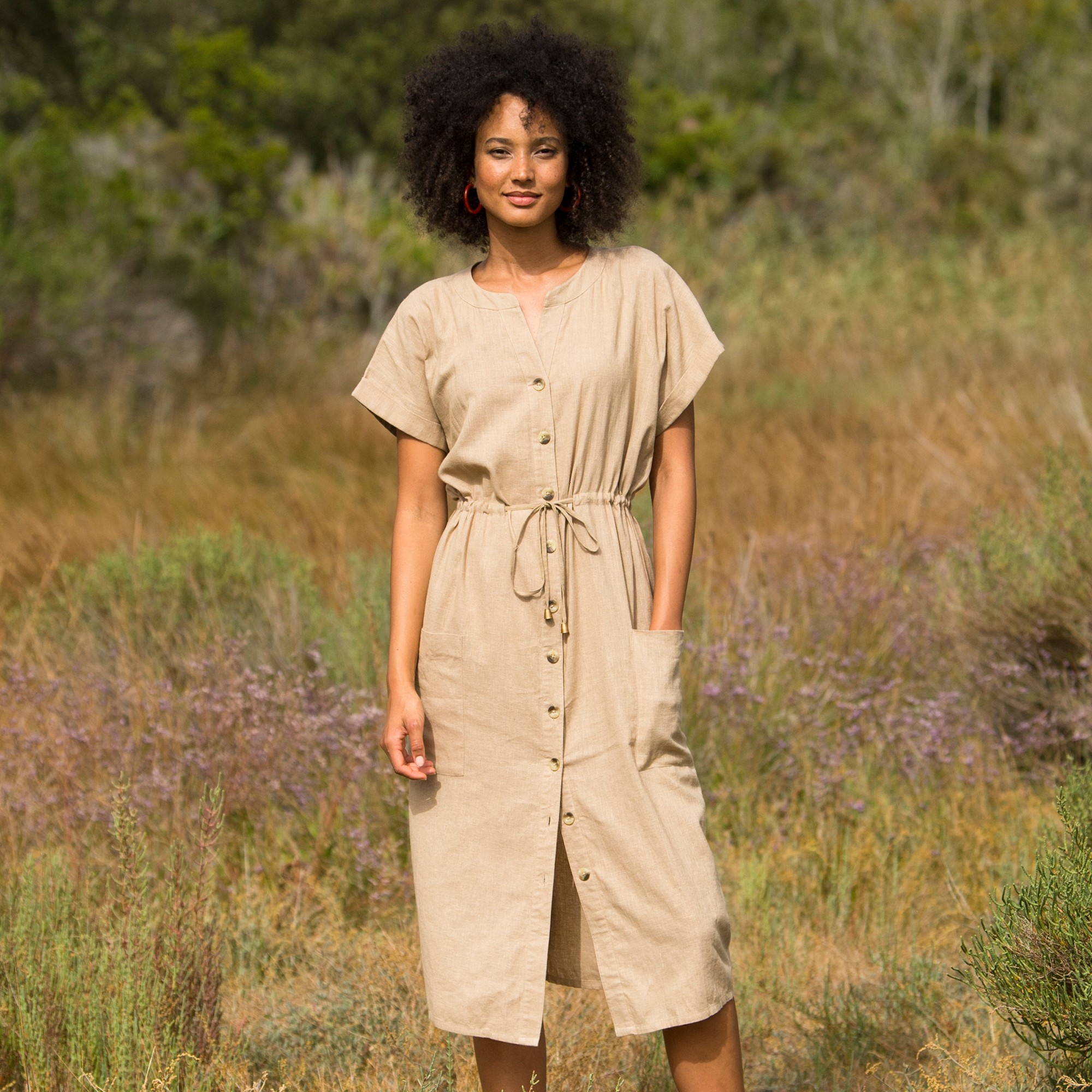 Robe Midi Unie Boutonnée, Coton Lin - Blancheporte