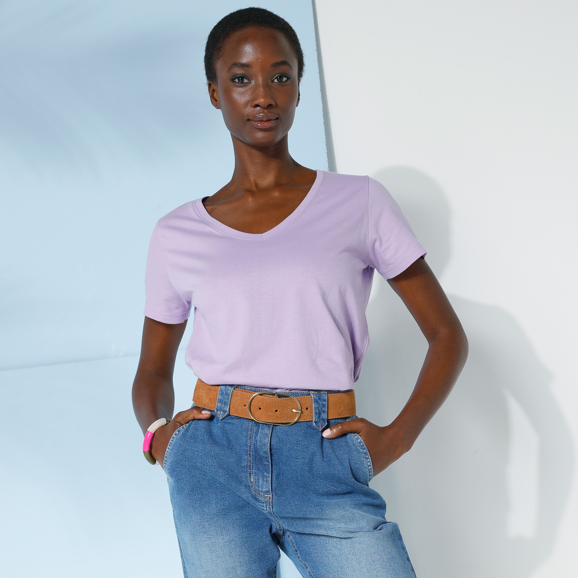 T-shirt Col V Uni Manches Courtes Coton - Blancheporte