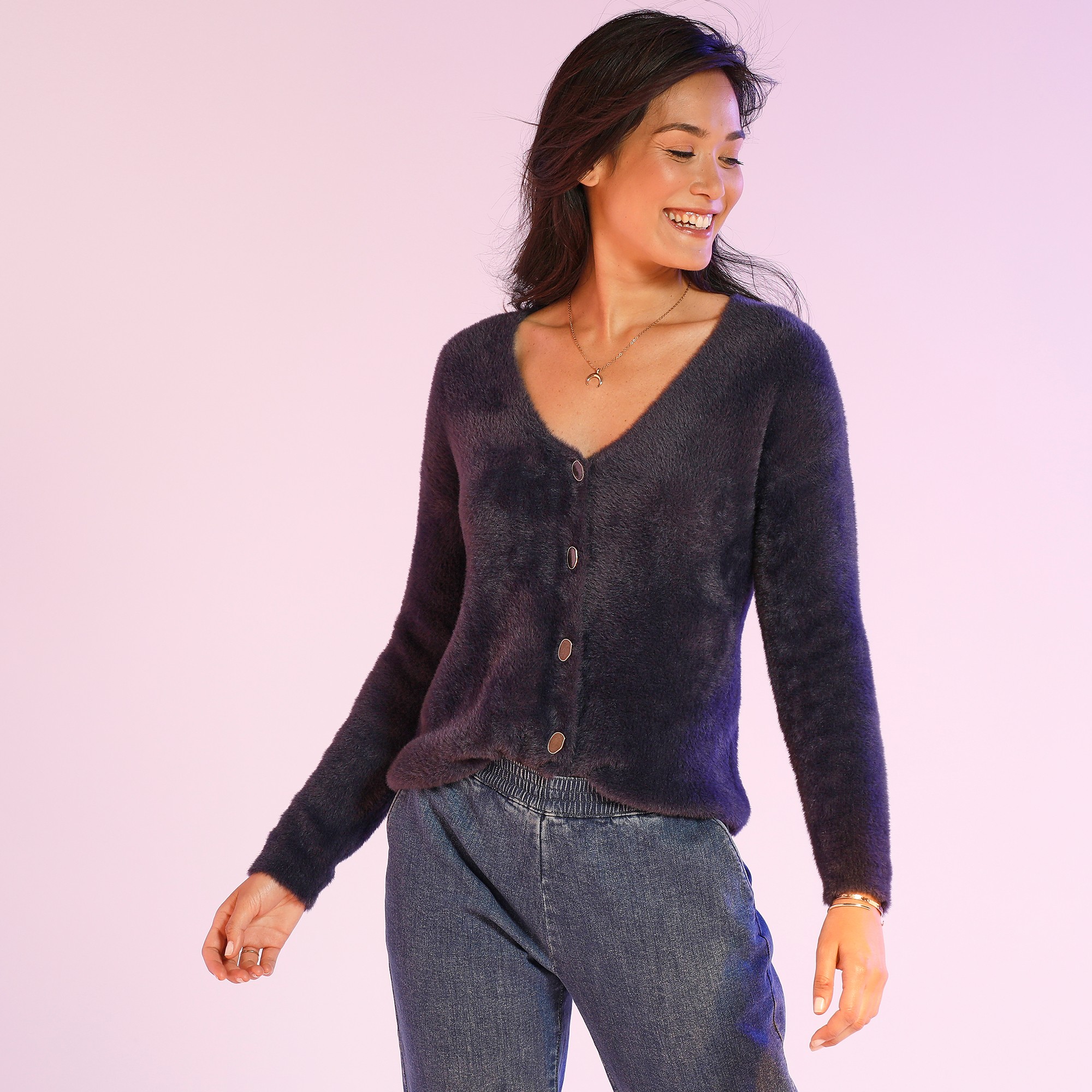 Gilet Col V Maille Jacquard Poilue - Blancheporte