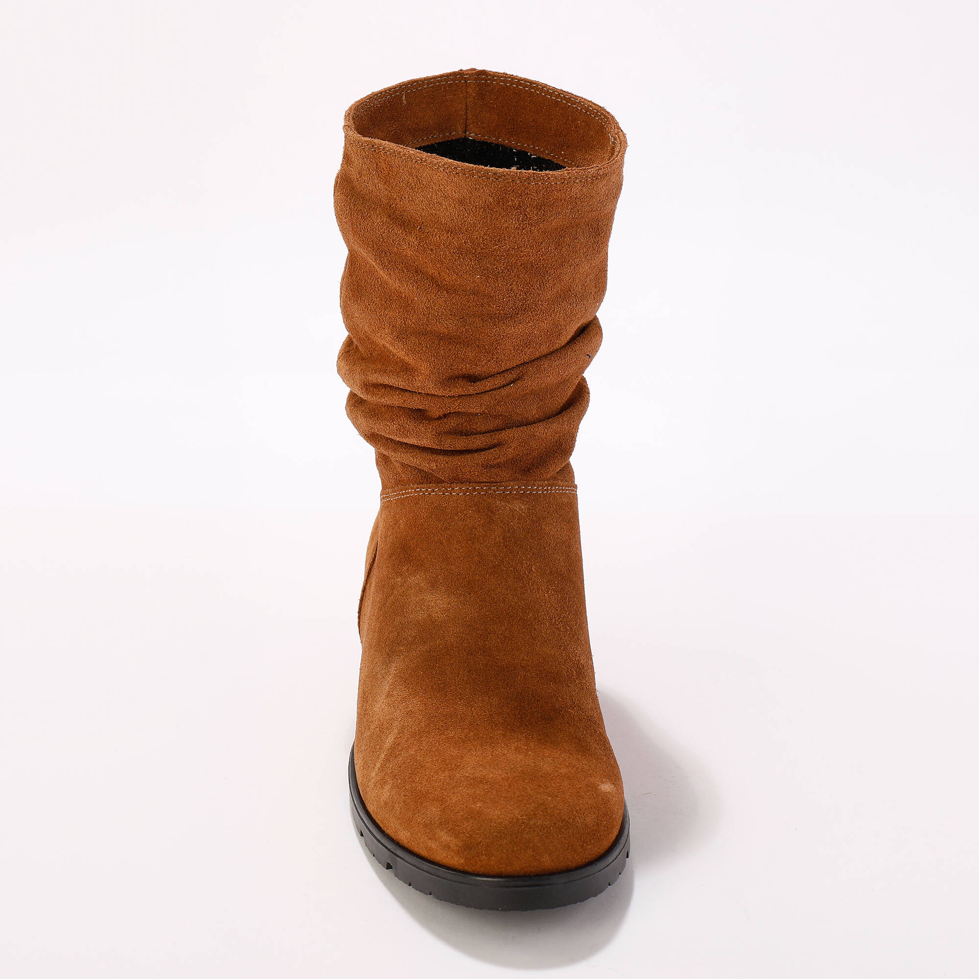 Bottes plissees mi hautes en cuir velours semelle compensee invisible caramel Blancheporte