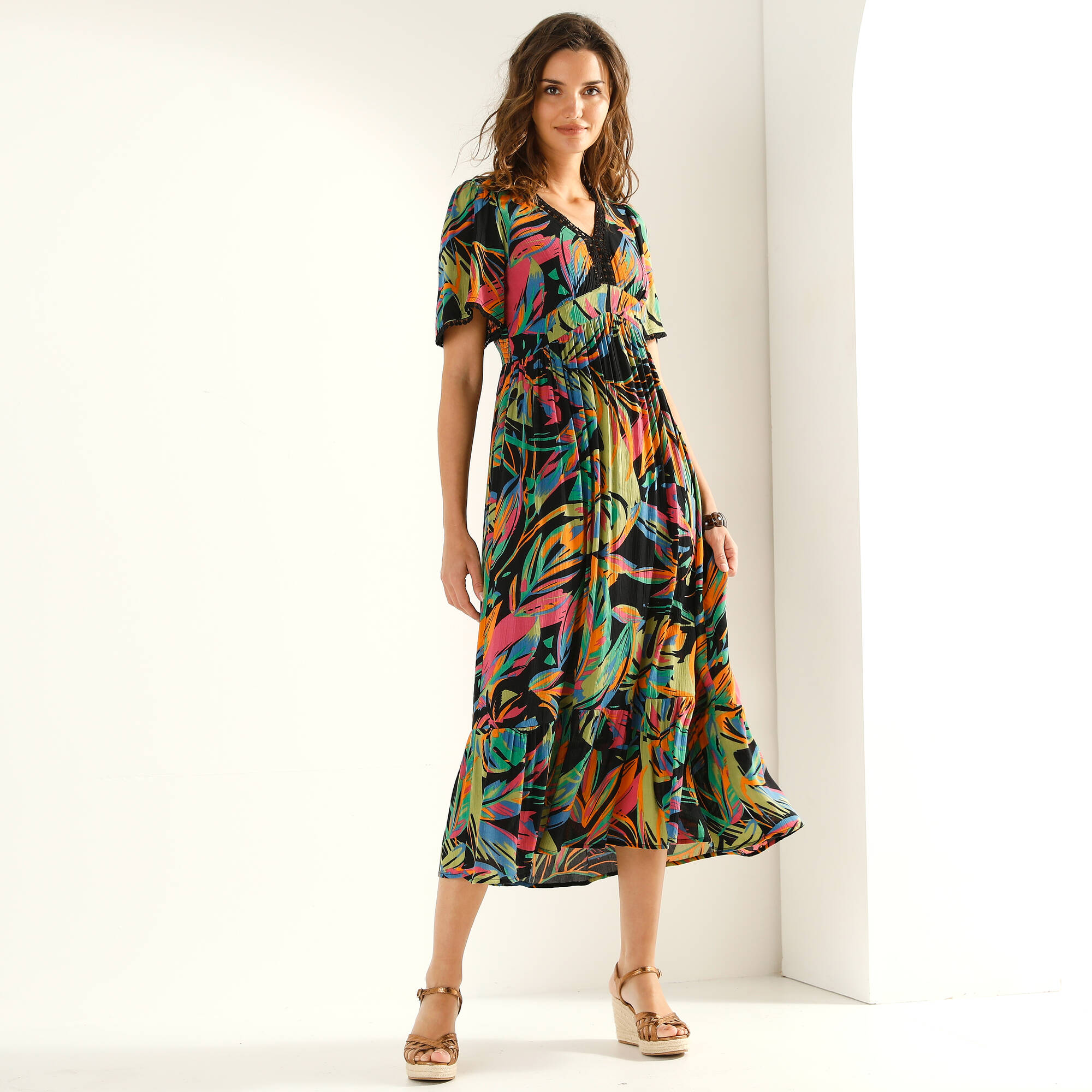 Robe longue macram imprim tropical - Blancheporte 48 €