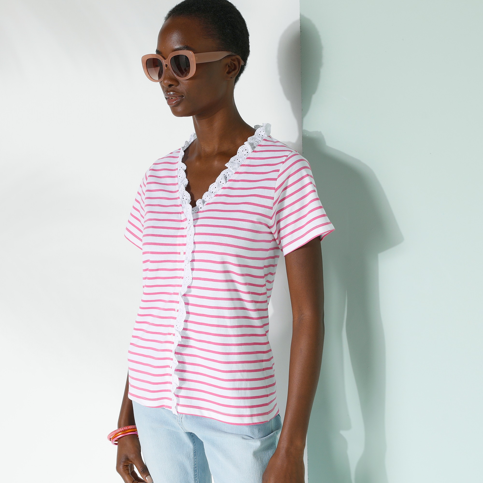 T-shirt Boutonné Col V Broderie Anglaise, Coton Rayé - Blancheporte