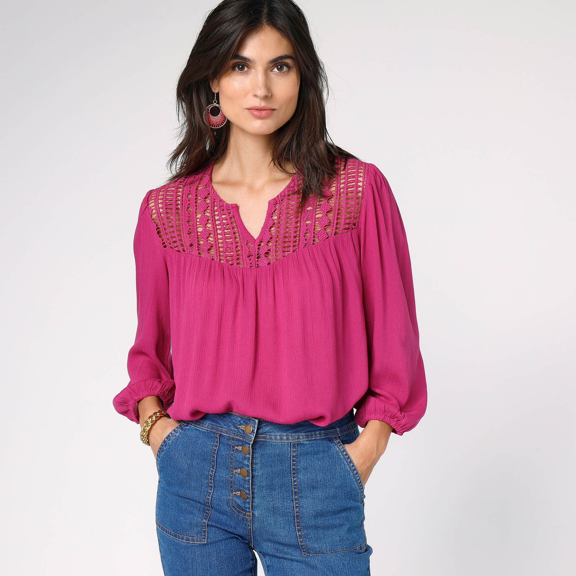 Blouse macramé manches 3/4 - 54 - Violet - Lora Zellini