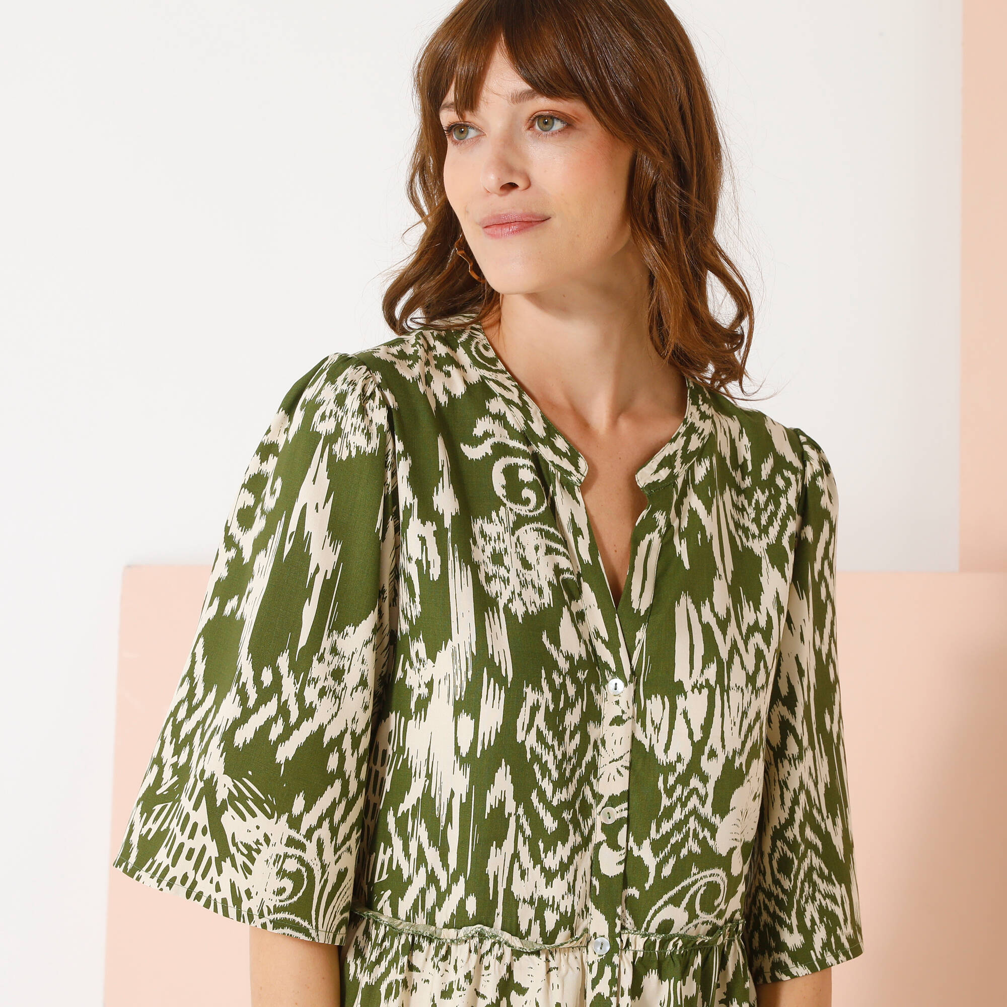 Robe évasée à volants, imprimé ethnique bicolore - Blancheporte