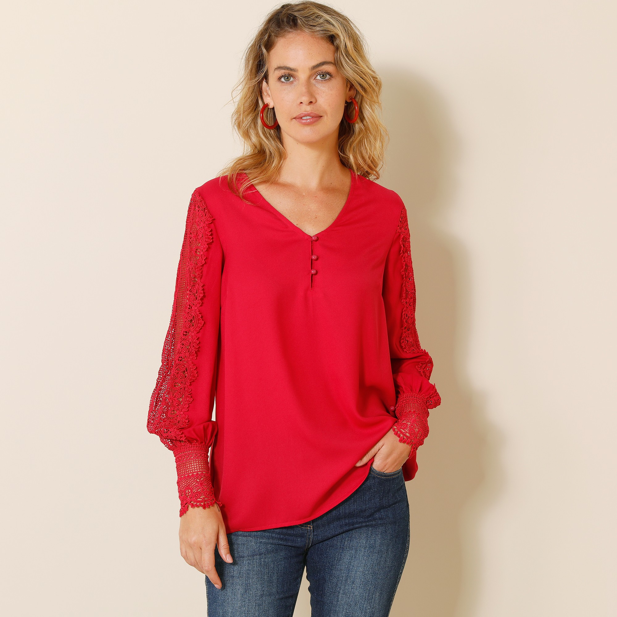 Blouse Macramé Col V Manches Longues, Crêpe Fluide - Blancheporte