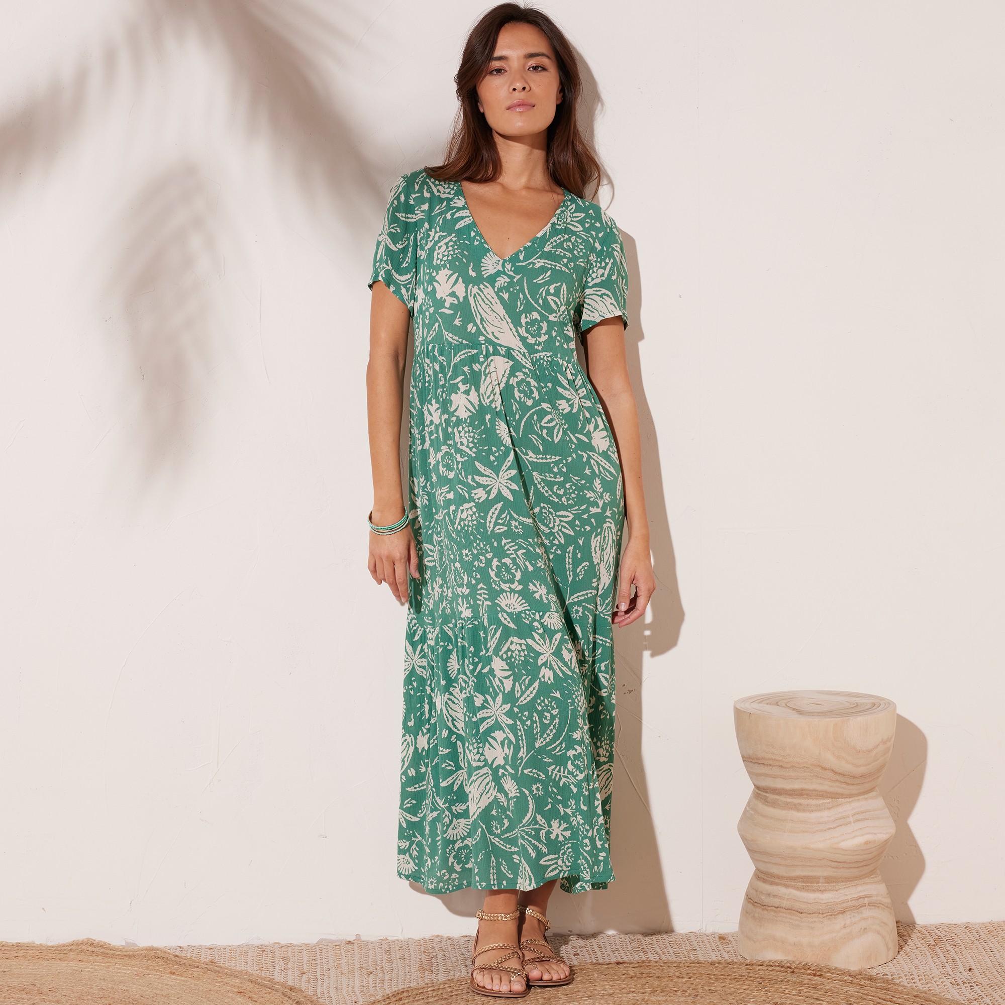 Robe Longue Imprimée Col V, Crépon - Blancheporte