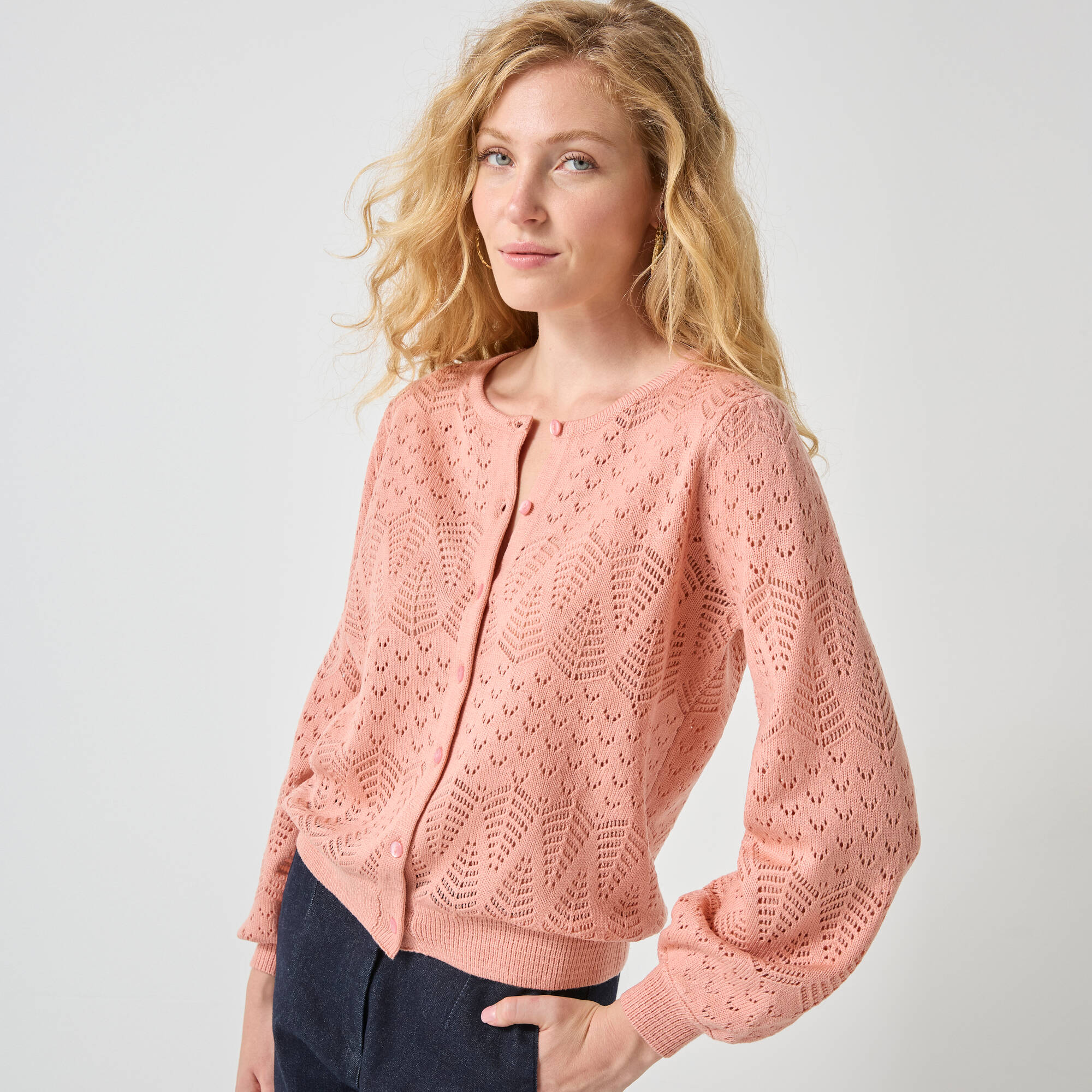 Gilet boutonné, maille pointelle - Blancheporte