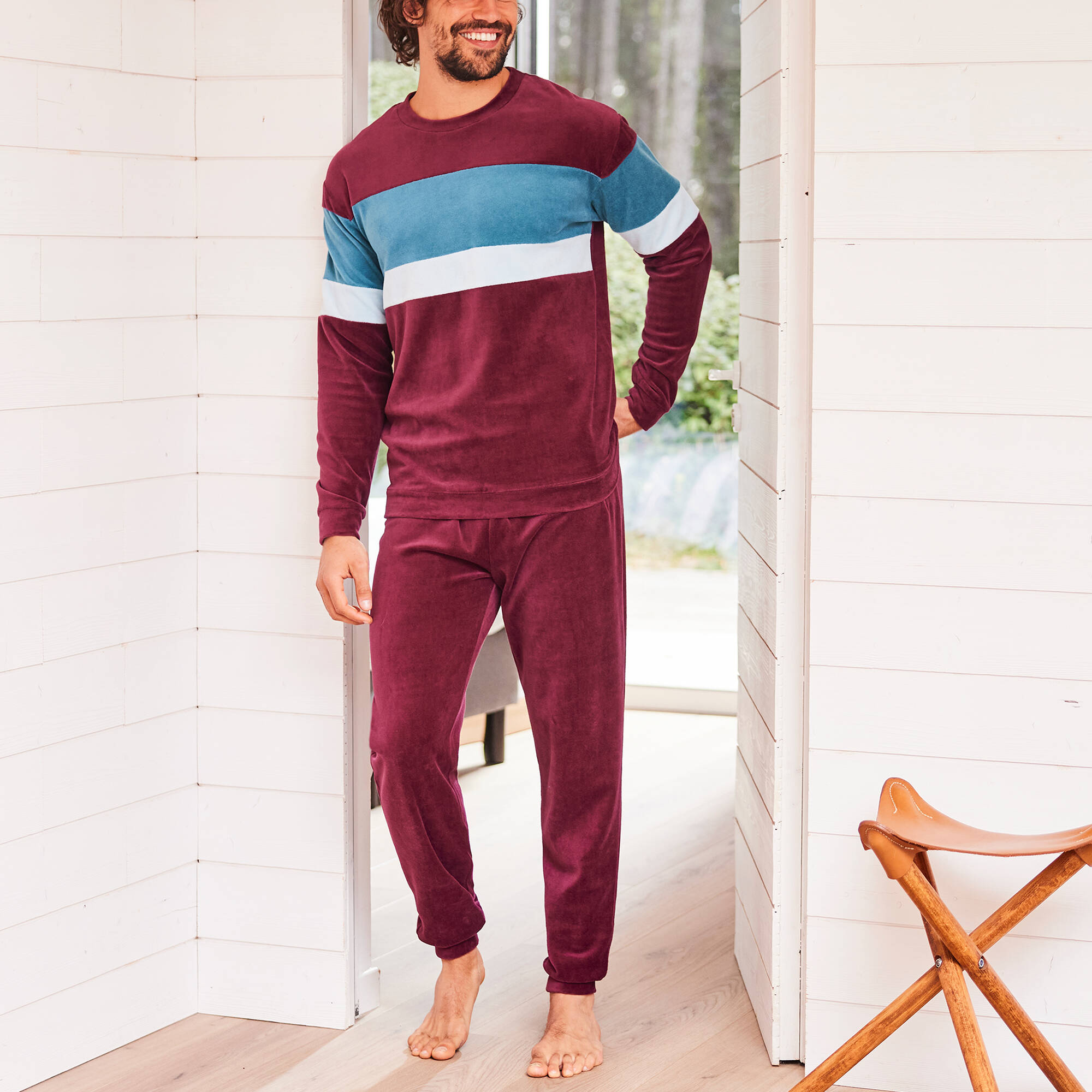 Pyjama tricolore velours manches longues - Blancheporte