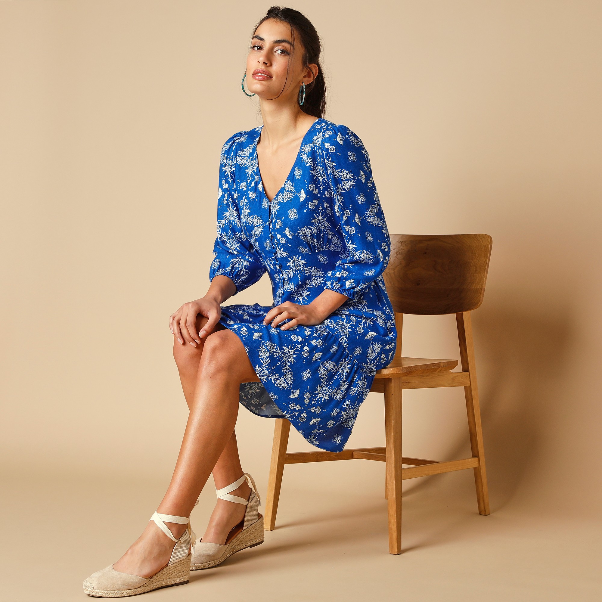 Robe boutonnée imprimée, crêpe - 52 - Bleu - Lora Zellini
