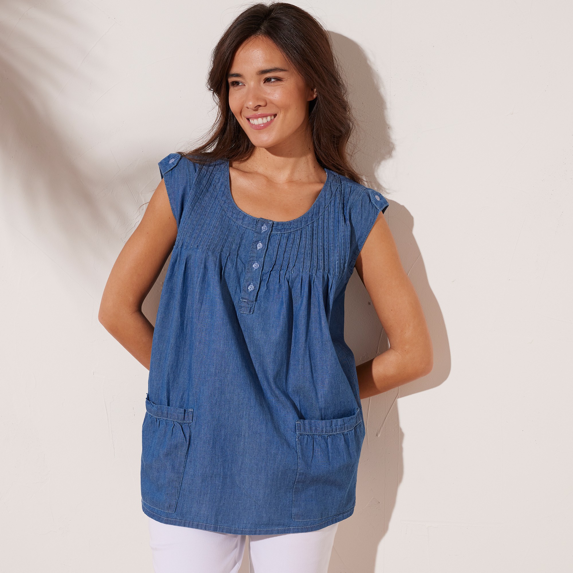 Tunique Évasée Col Rond, Denim - Blancheporte