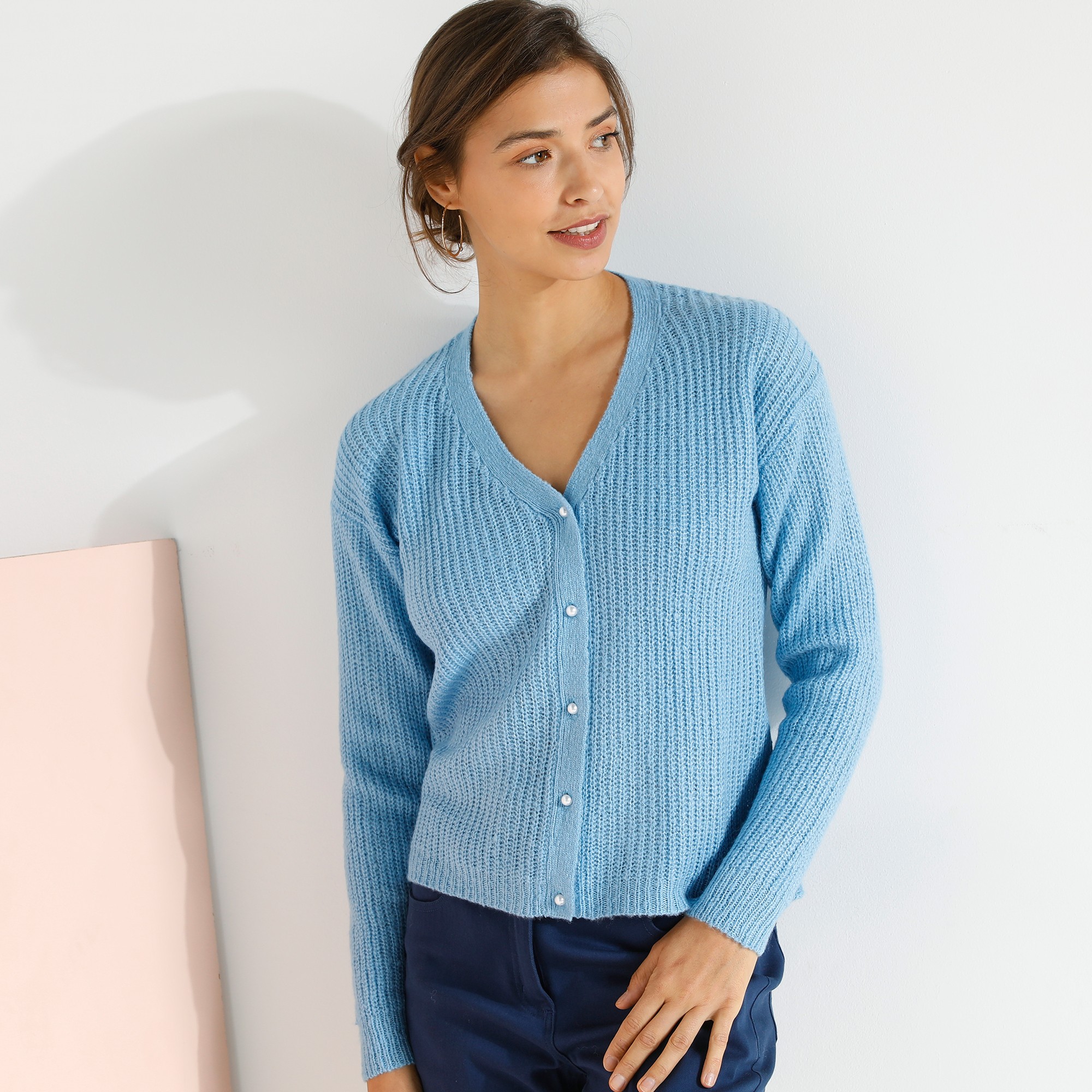 Gilet Col V Boutonné, Maille Anglaise - Blancheporte