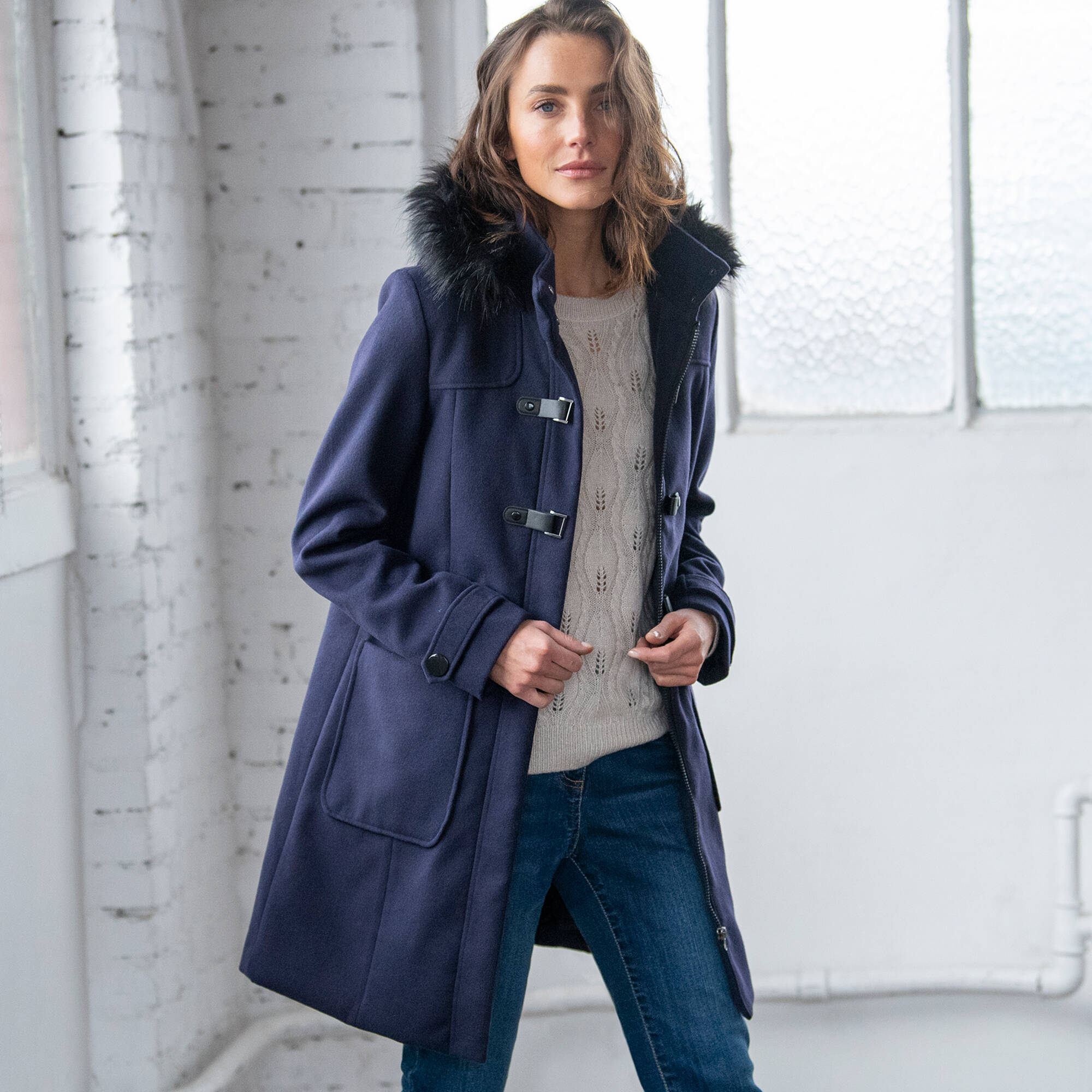 Duffle coat capuche fausse fourrure uni marine Blancheporte