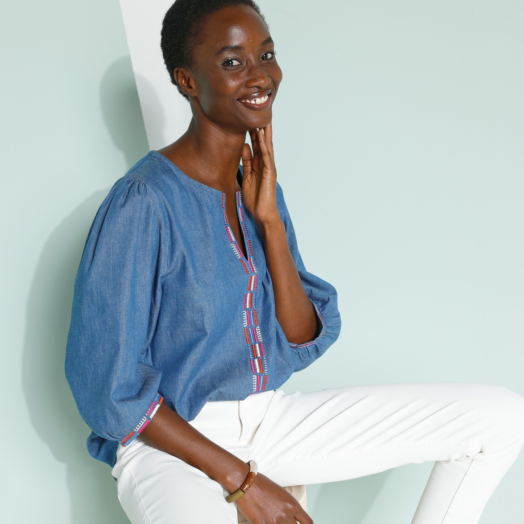 Blouse Brodée En Jean, Manches 3/4 - Blancheporte