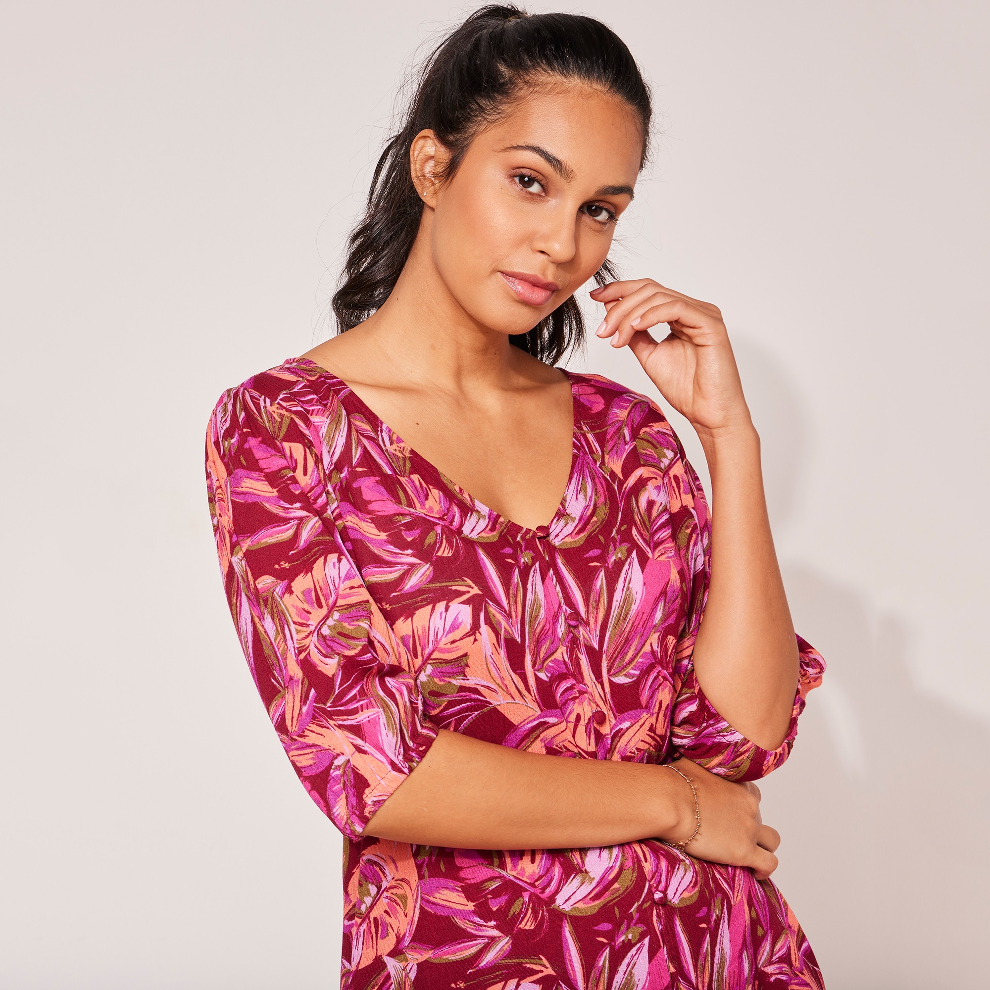 Blouse Boutonnée Imprimé Feuillage, Crépon - Blancheporte