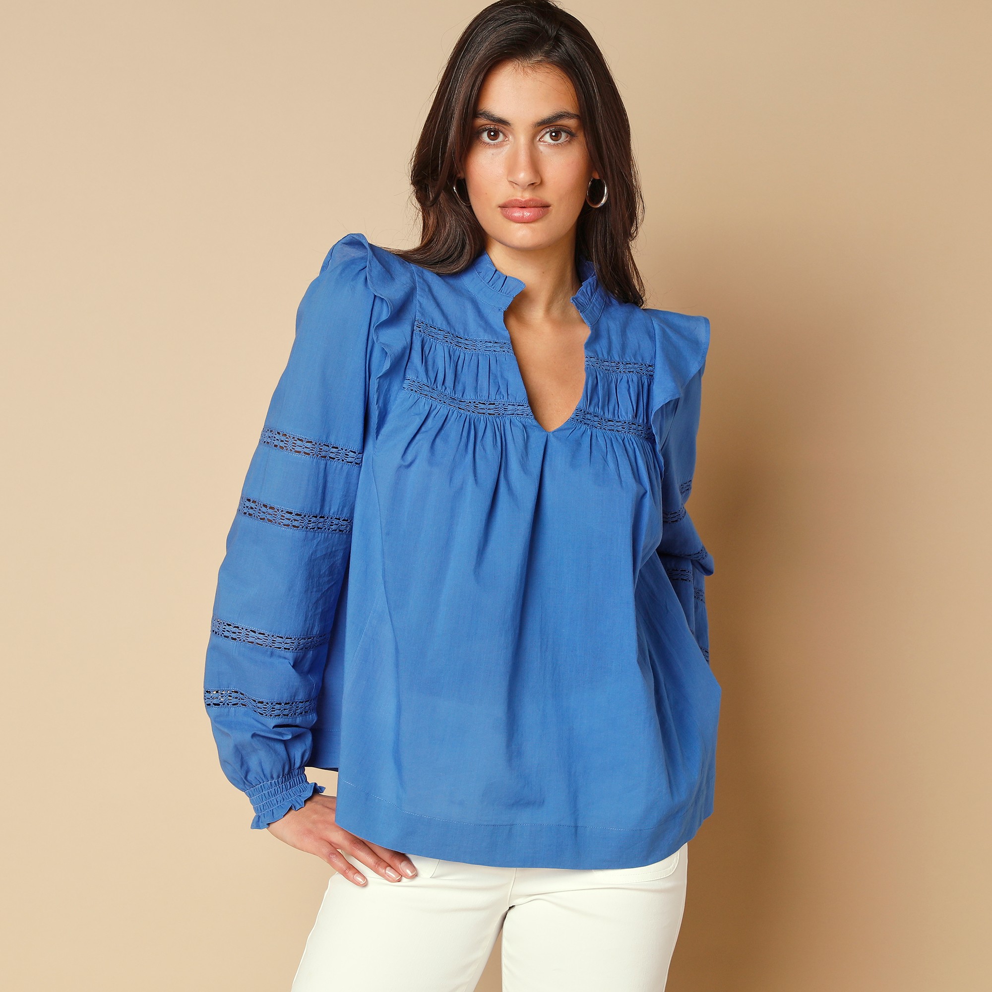 Blouse volantée macramé, voile de coton - 46 - Bleu - Lora Zellini
