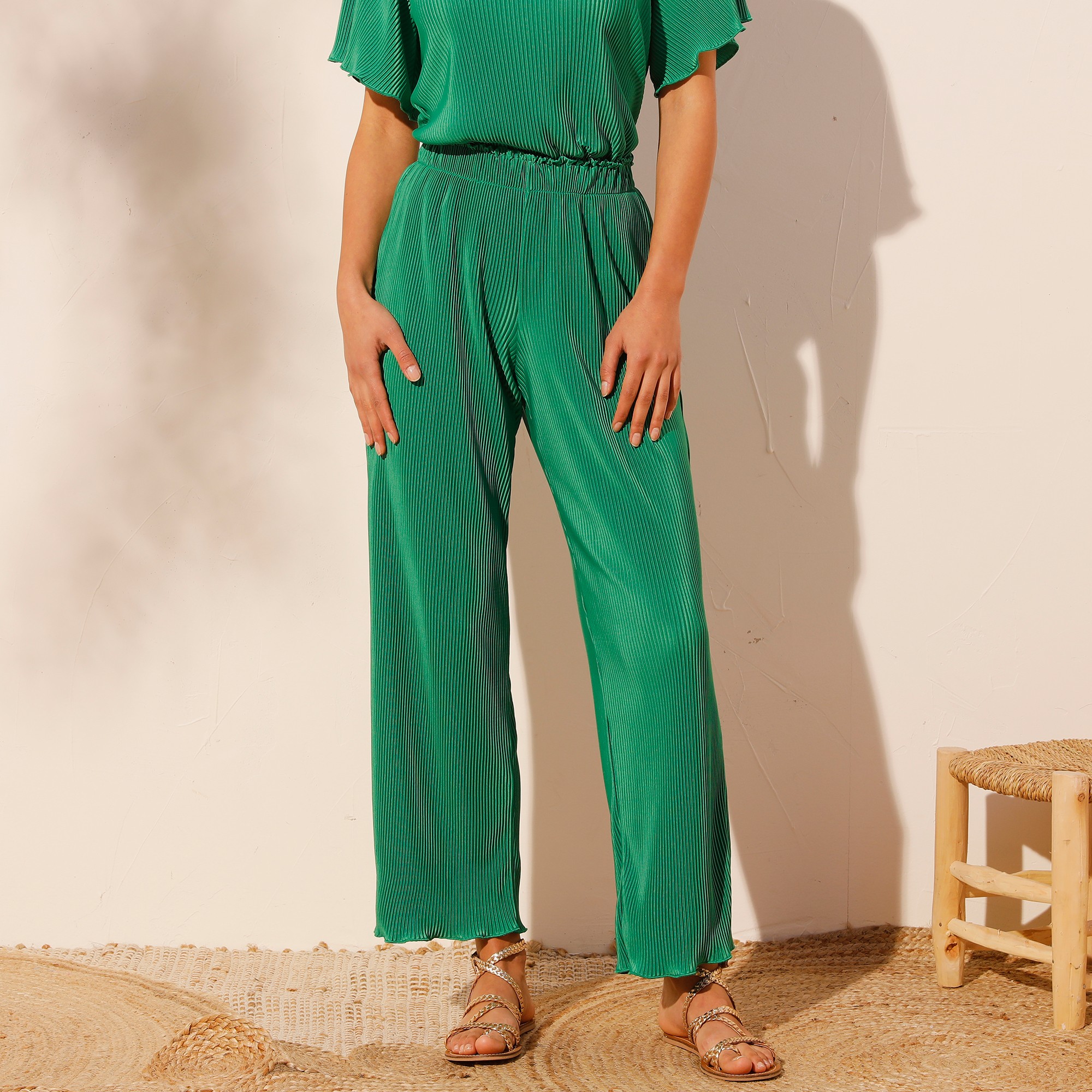 Pantalon large plissé uni - 54 - Vert - Coeur Au Sud