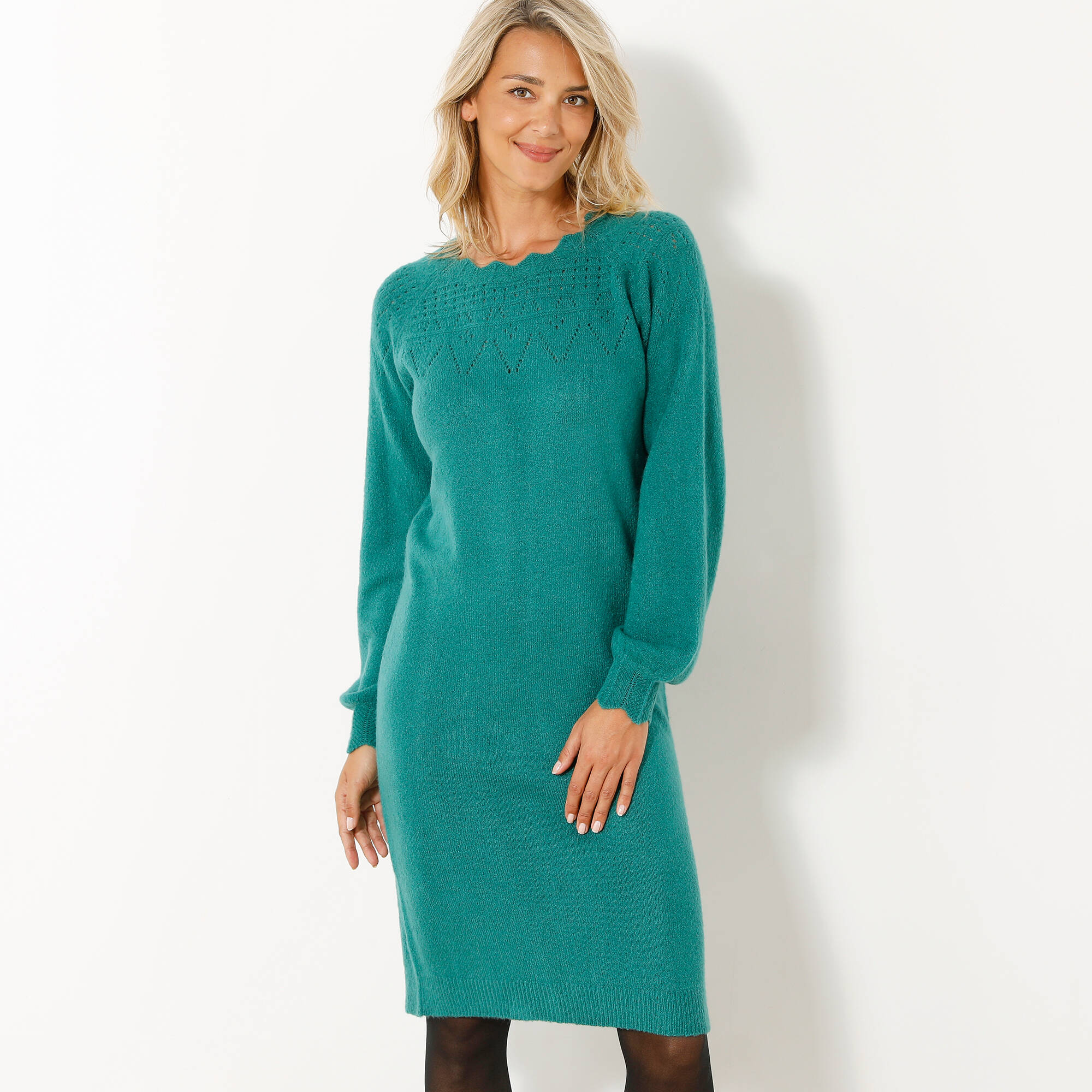 Robe pull finition ecailles maille fantaisie vert emeraude Blancheporte